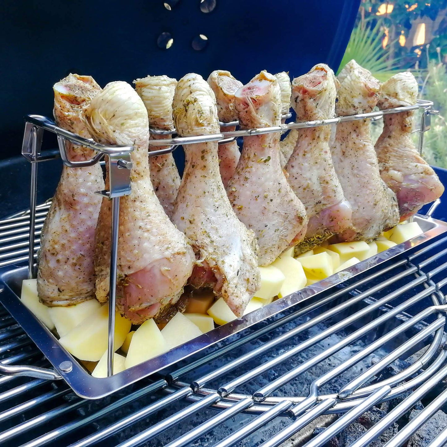 RTT Chicken Leg Rack for Grill with Drip Tray - Easy to Use 12 Slots Chicken Wing Rack - Premium Stainless Steel Chicken Drumstick Rack for Smoker - Chicken Drumstick Holder for Grill Accessories