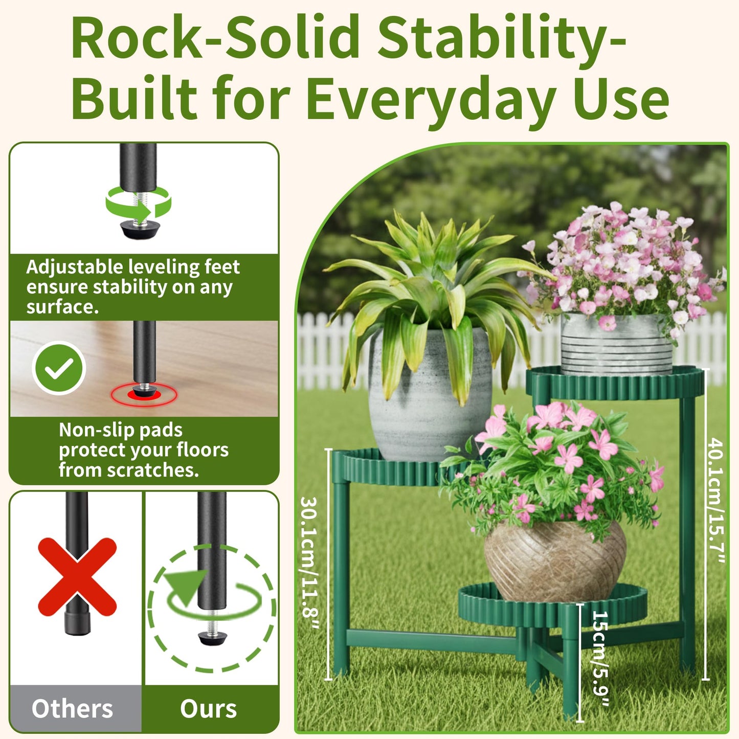 NQW Plant Stand Indoor Outdoor, 3 Tier Corner Metal Flower Display Holder Shelf, Folding Tall Plant Rack for House Patio Balcony Porch Living Room, Heavy Duty Anti-Rust Wrought Iron - GreenFloroma