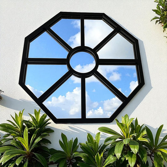 Super Cool Creations Geometric Garden Window Frame, Octagonal Mirror Wall Art, Black, Decorative Indoor Outdoor Display. 38cm