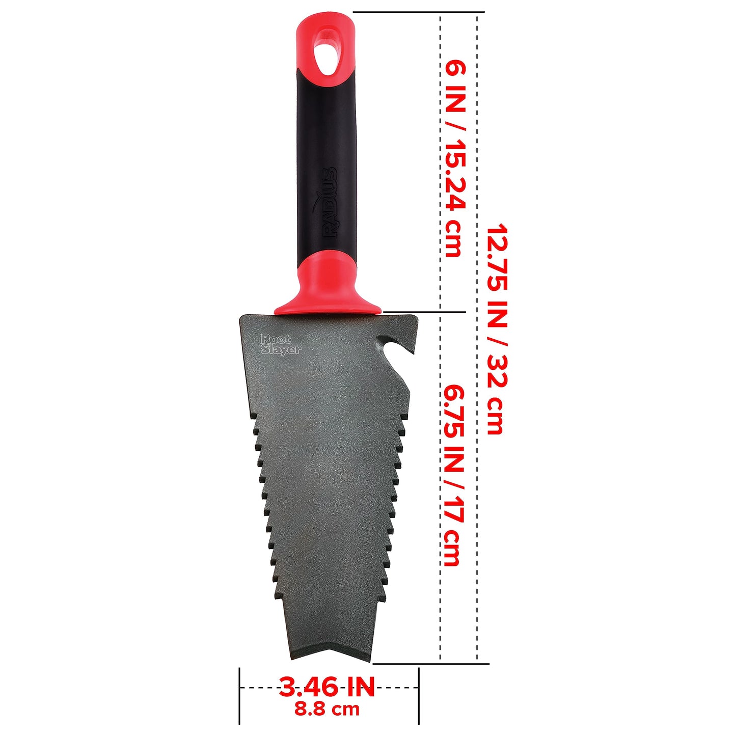 Root Slayer 16011 Garden Trowel with Serrated Blade for Digging and Root Cutting, Heavy Duty Steel Hand Tool, Red