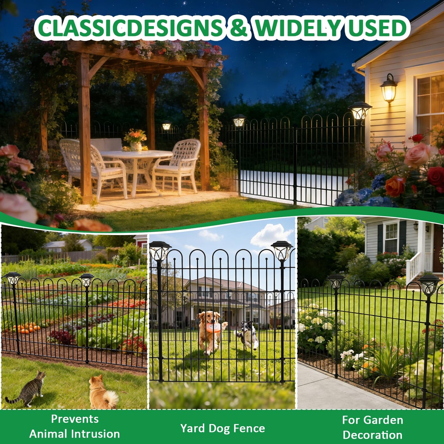 Garden Fence Animal Barrier with Lights & Gate, 32 in (H) x23.6ft (L) Decorative Garden Fence, 10 Panels No Dig, Rustproof Metal Temporary Fence, for Outdoor, Yard, Patio