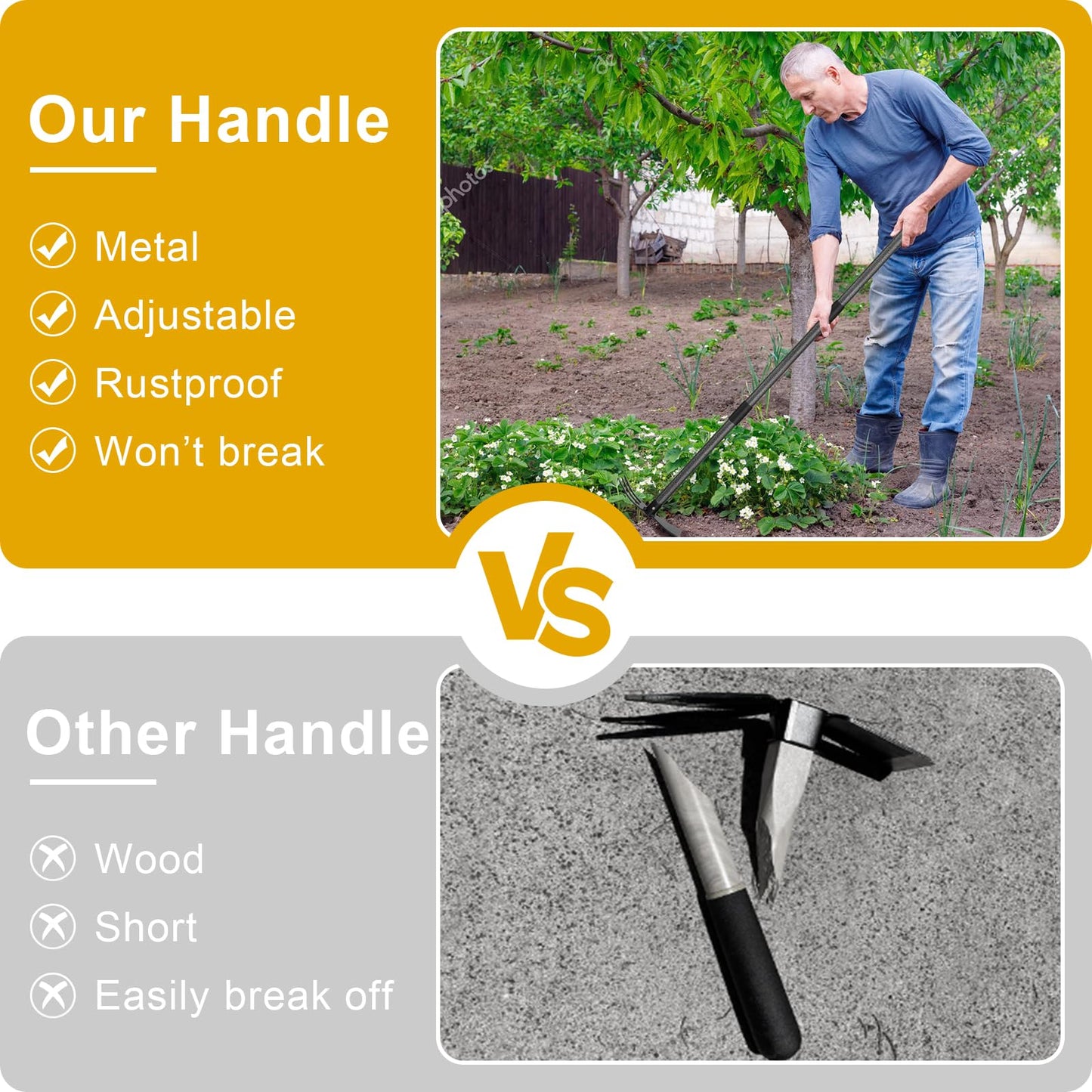 Hoe and Cultivator - 45” Long Handle - Heavy Duty Garden Hoe Tiller, Standing Hoe Garden Tools Durable Cultivator Hoes Hand Rake Fork for Gardening Weeding Planting Loosening Soil