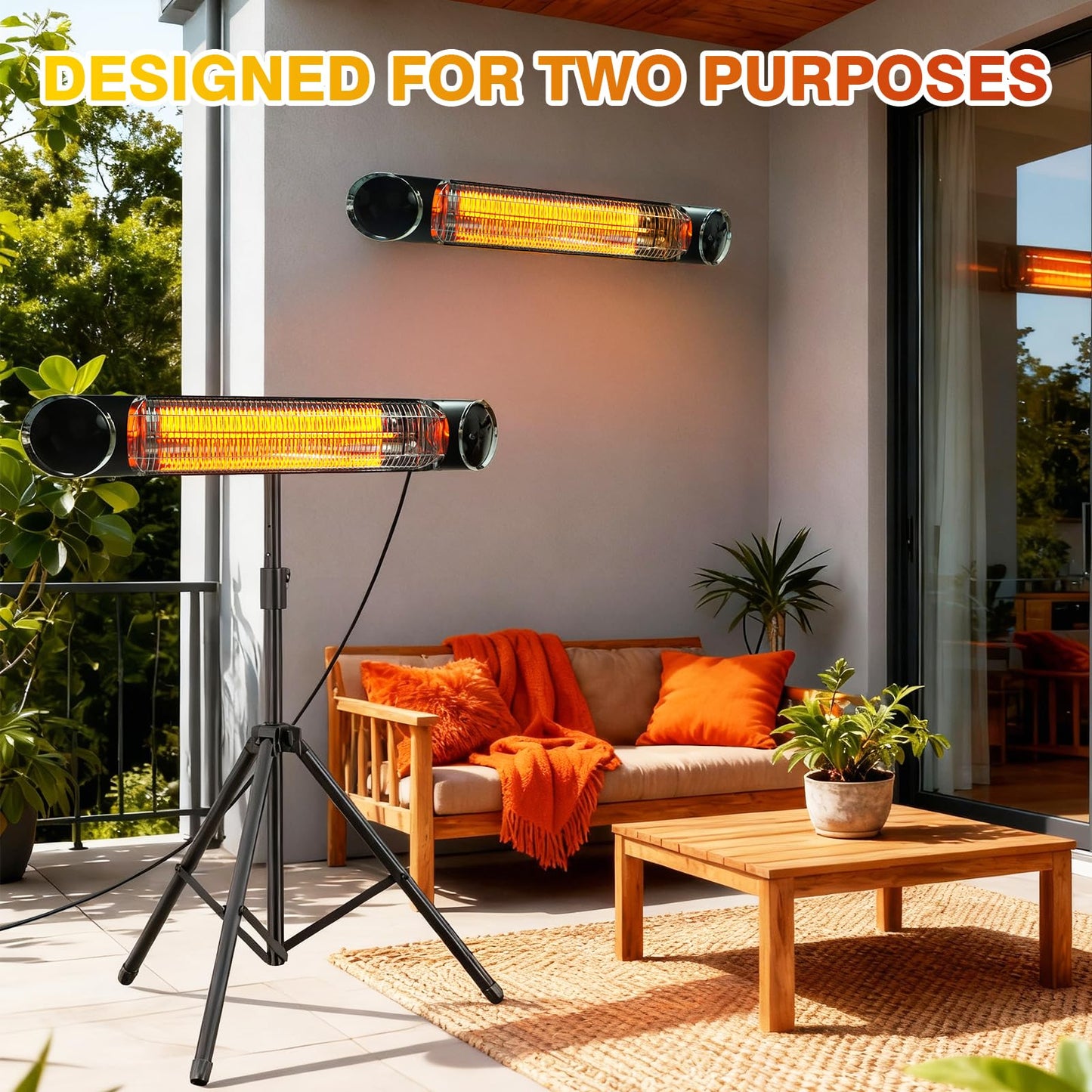 Outdoor Electric Heater, Infrared Patio Heater for Outdoor/Indoor Use, Wall Mounted/Freestanding Infrared Heater Outdoor, 1500W Electric Patio Heater with Tripod, MATT BLACK