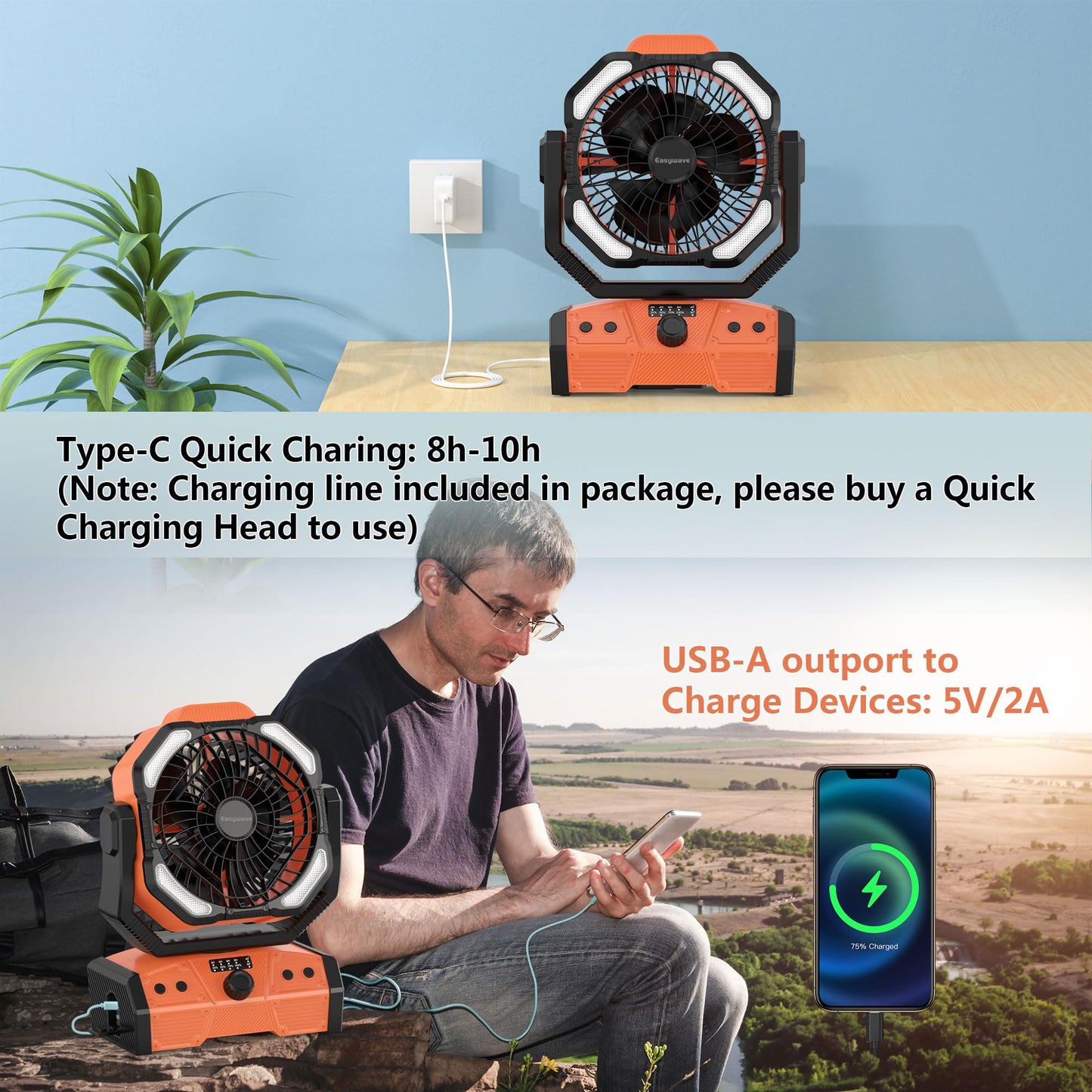 Easywave Camping Fan with LED Lantern: 30000mAh Rechargeable Battery Powered Outdoor Tent, Oscillating Fan with 360° Hanging Hook, Personal USB Desk Fan for Camping, Power Outage, Hurricane, Jobsite