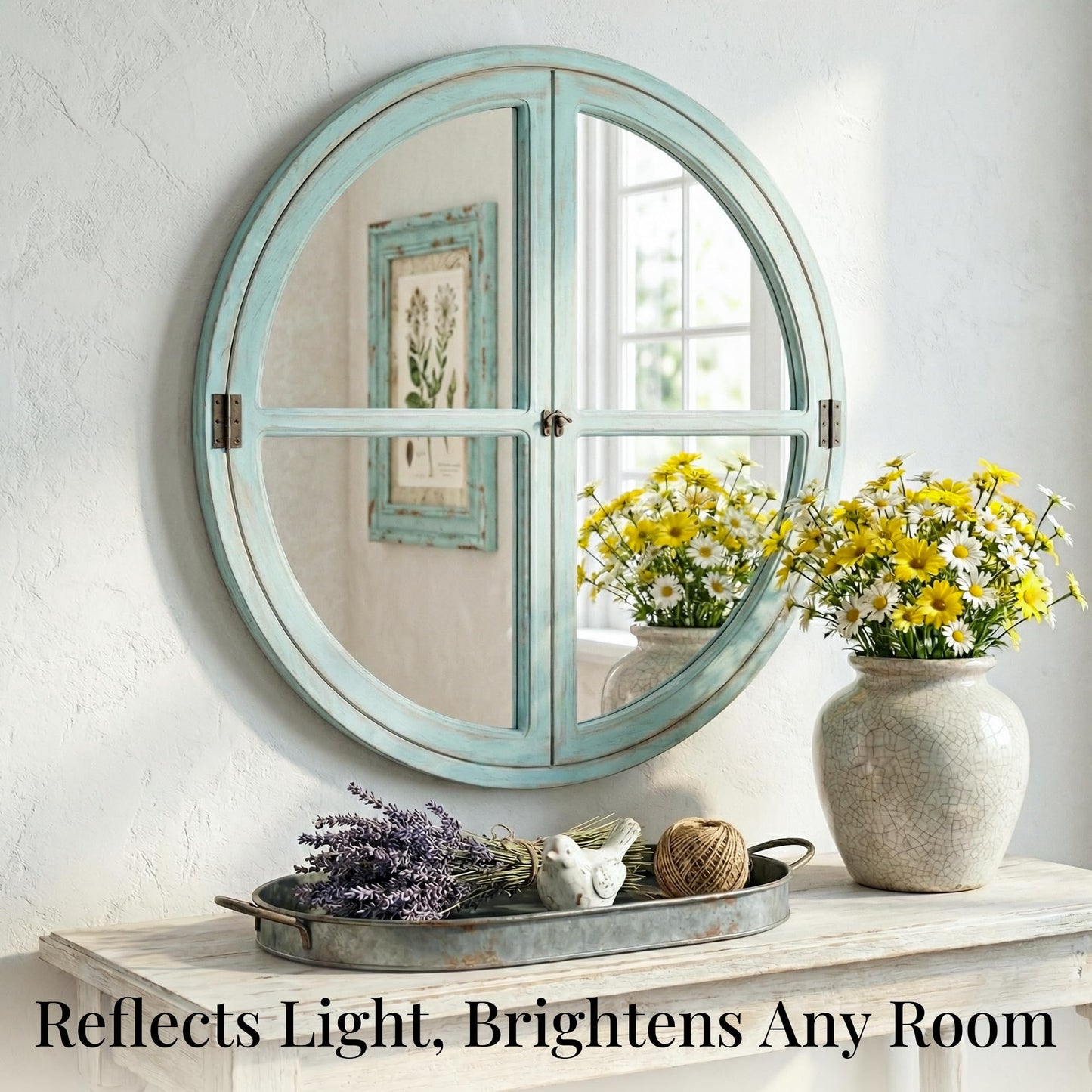 Pocetry 30" Round Window Mirror, Solid Wood Faux Windowpanes Wall Decor with Shatterproof Glass, Distressed Teal Coastal Farmhouse Accent Mirror for Entryway, Living Room, or Dining Room