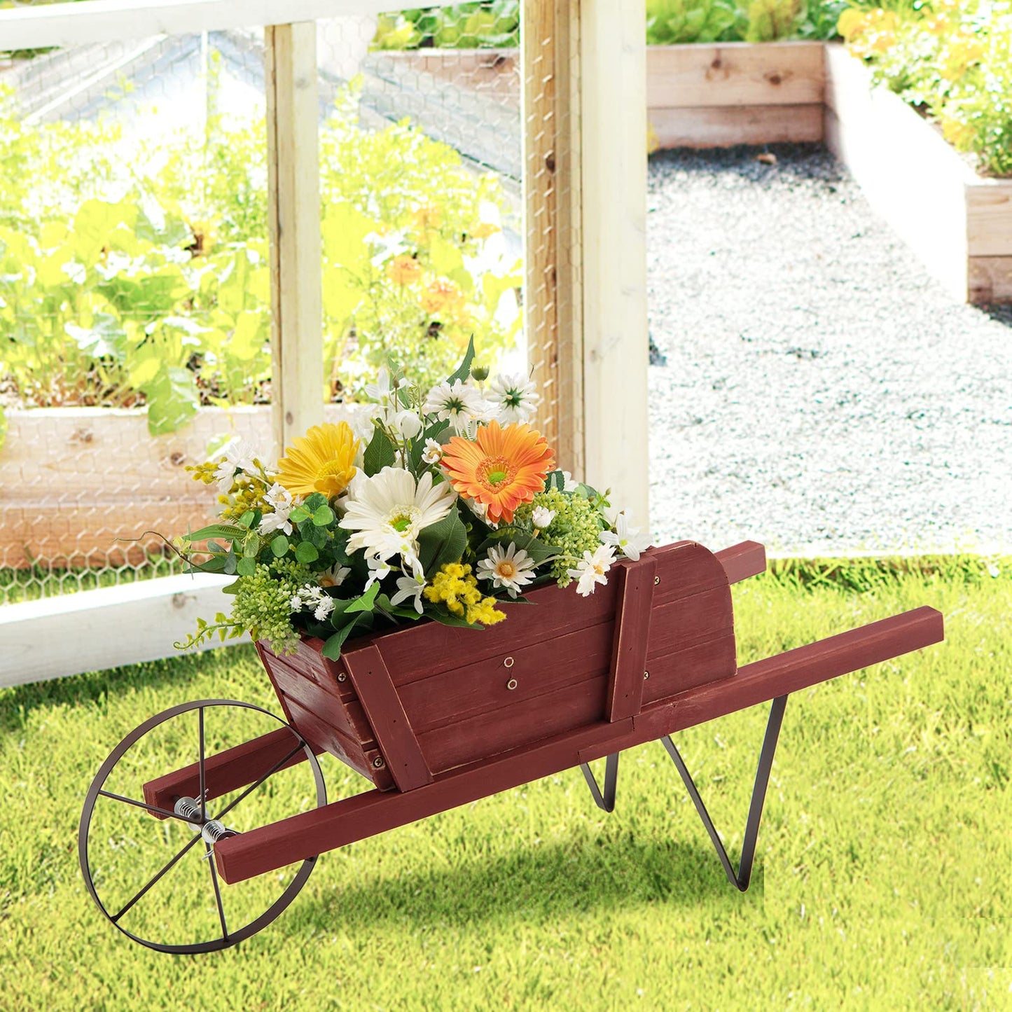 CHEFJOY Wooden Wagon Planter, 27.5"x10.5"x11.5" Wheelbarrow Cart Plant Pot with Halloween Decoration & Metal Supports, Single Wheel Movable Garden Flower Cart Planter for Yard, Backyard (Red)