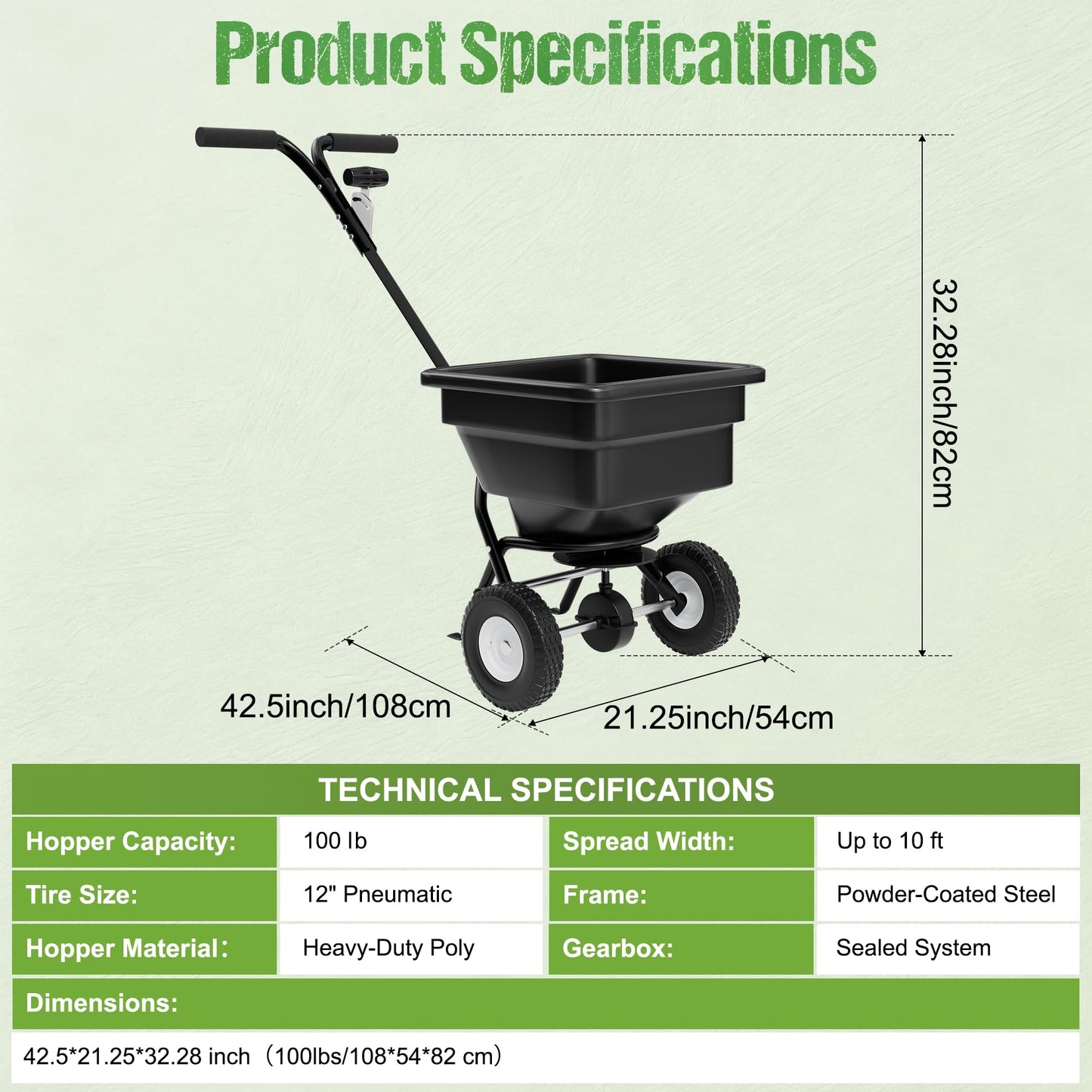PPOLB Fertilizer Spreader 100LB Capacity, Walk-Behind Push Broadcast Spreader with Hopper Screen & Rain Cover, 0–10FT Spreading Width, Seed & Salt Spreader, 12" Pneumatic Wheels, 30-Level Flow Control