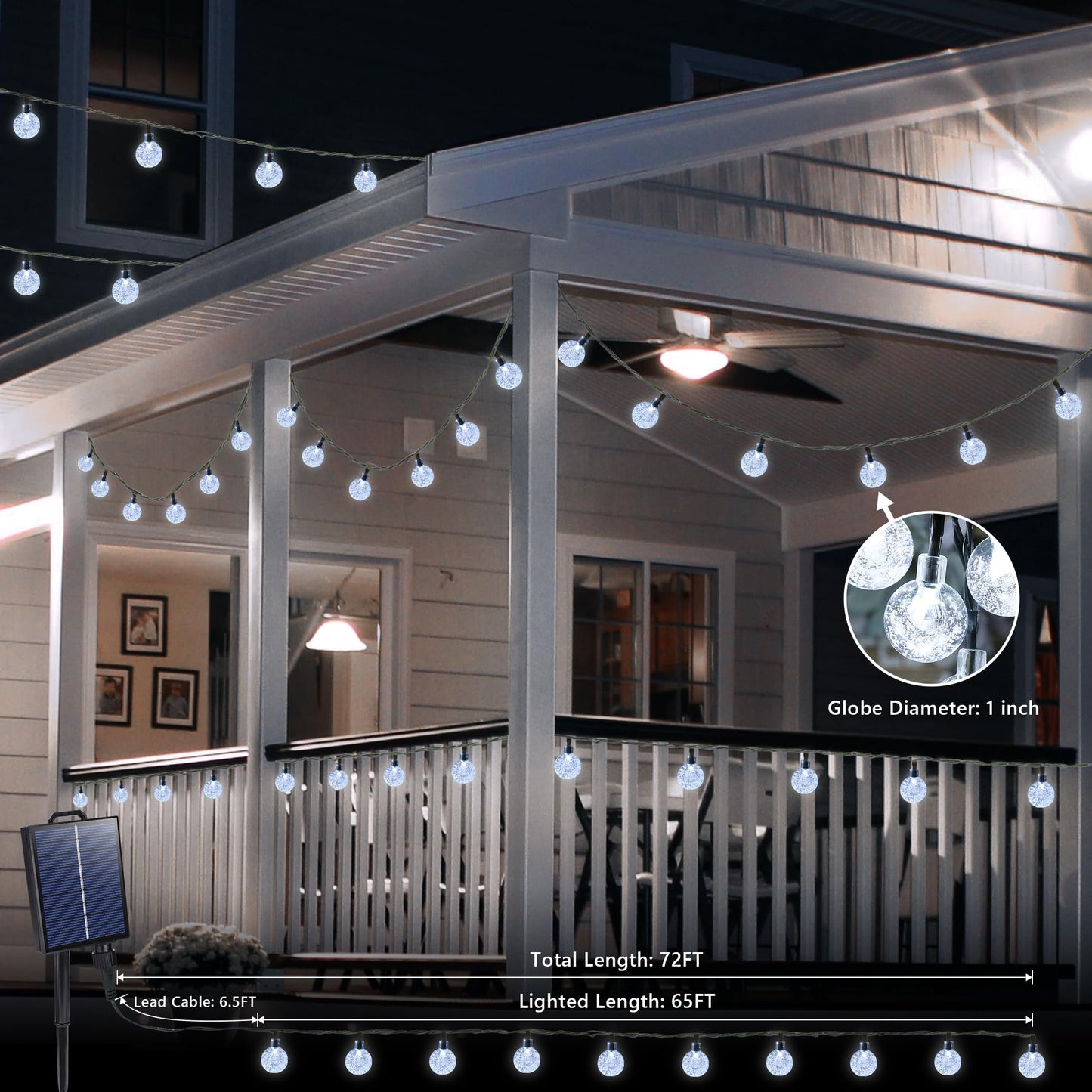 Joomer Solar String Lights Outdoor, 65FT 100LED Globe String Lights 8 Lighting Modes, Waterproof Solar Powered Patio Light for Garden Yard Porch Wedding Party Outdoor Decor (White)