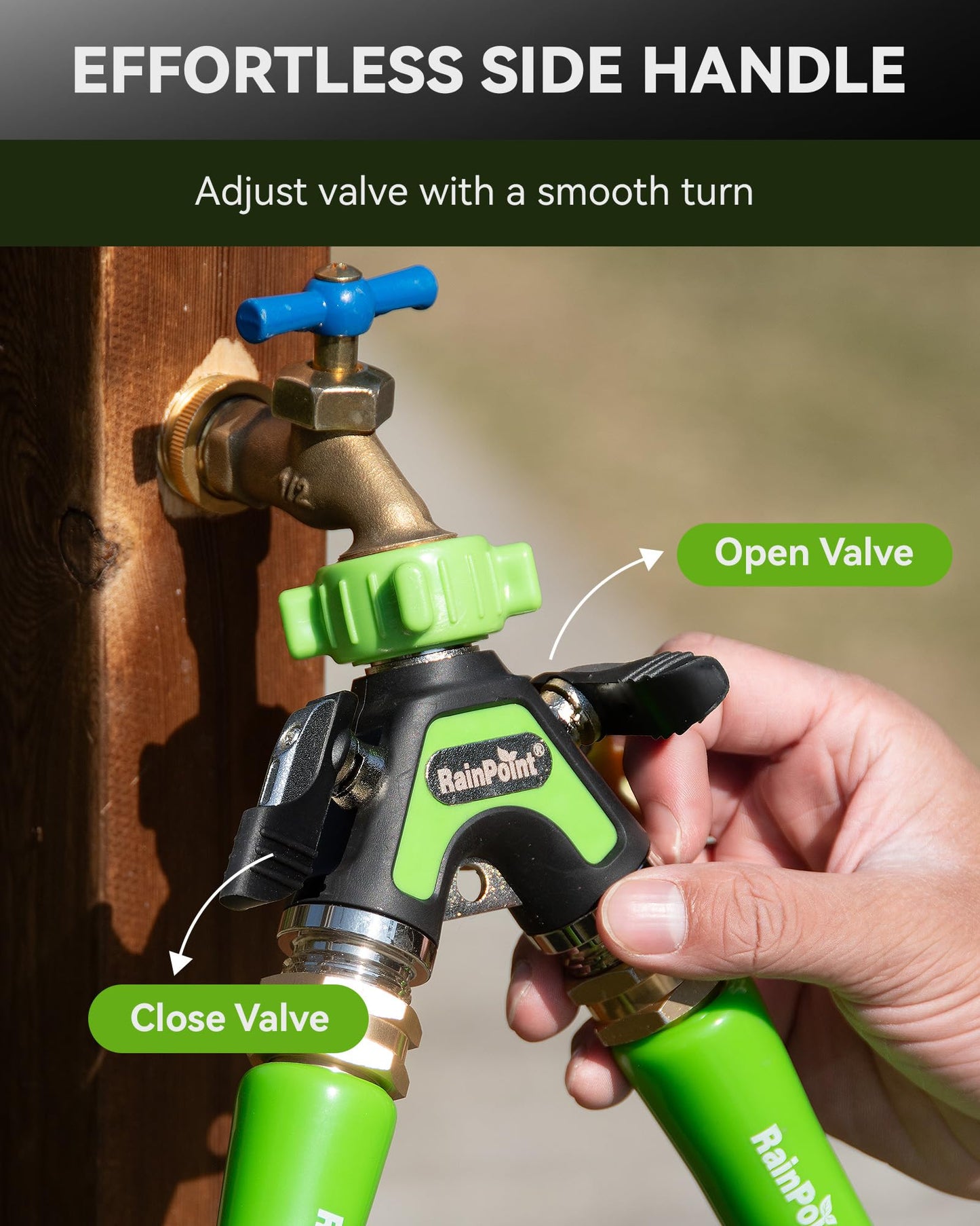RAINPOINT Garden Hose Splitter 2 Way, All Metal Heavy Duty Water Hose Y Splitter With 2.05" Extra Long Side Handle & Shut Off Valves, 3/4 Inch GHT Thread Connector For Outdoor Spigot Faucet (Green)