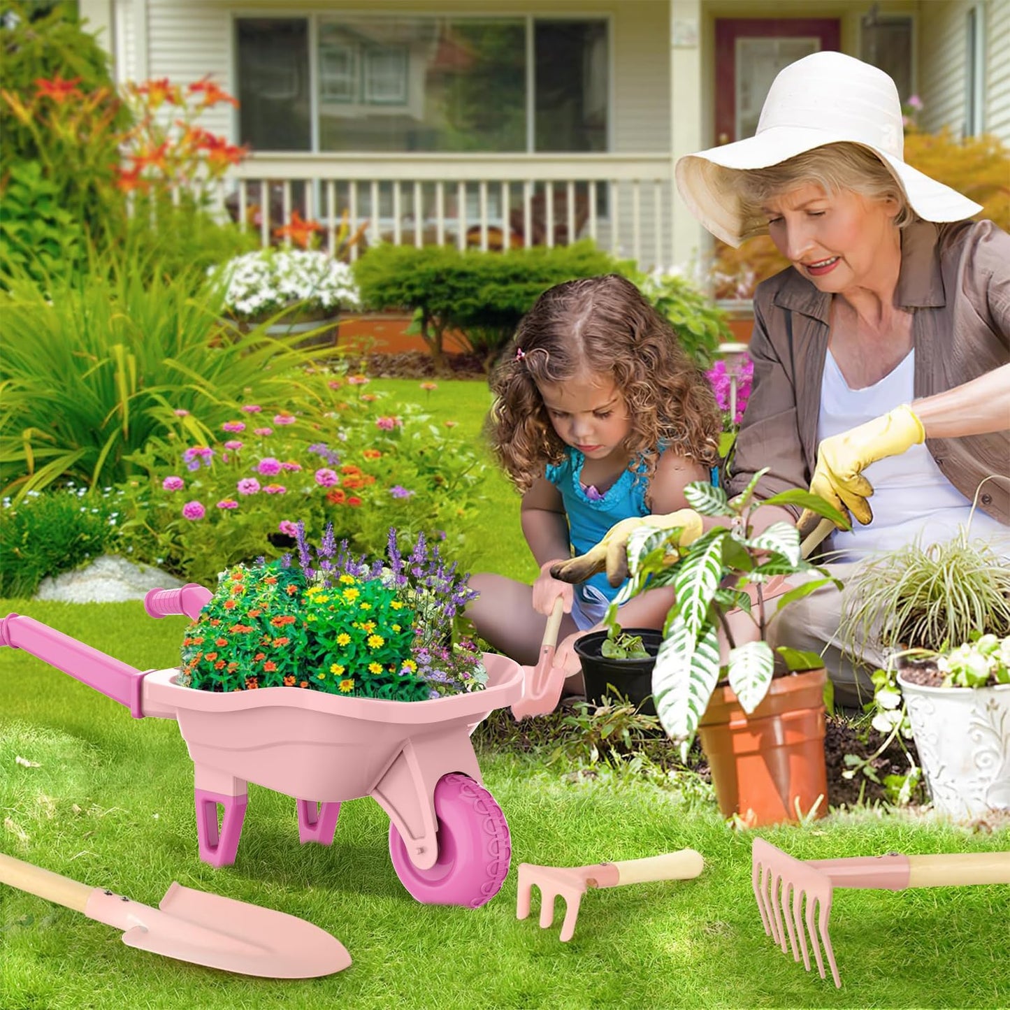 Qtioucp Kids Gardening Set with Wheelbarrow, Real Metal Garden Tools for Kids Ages 3-8, 4 Long Handle Tools, 3 Hand Tool, Gloves, 5 Stickers, Handbook, Outdoor Backyard Toys for Toddler Gift