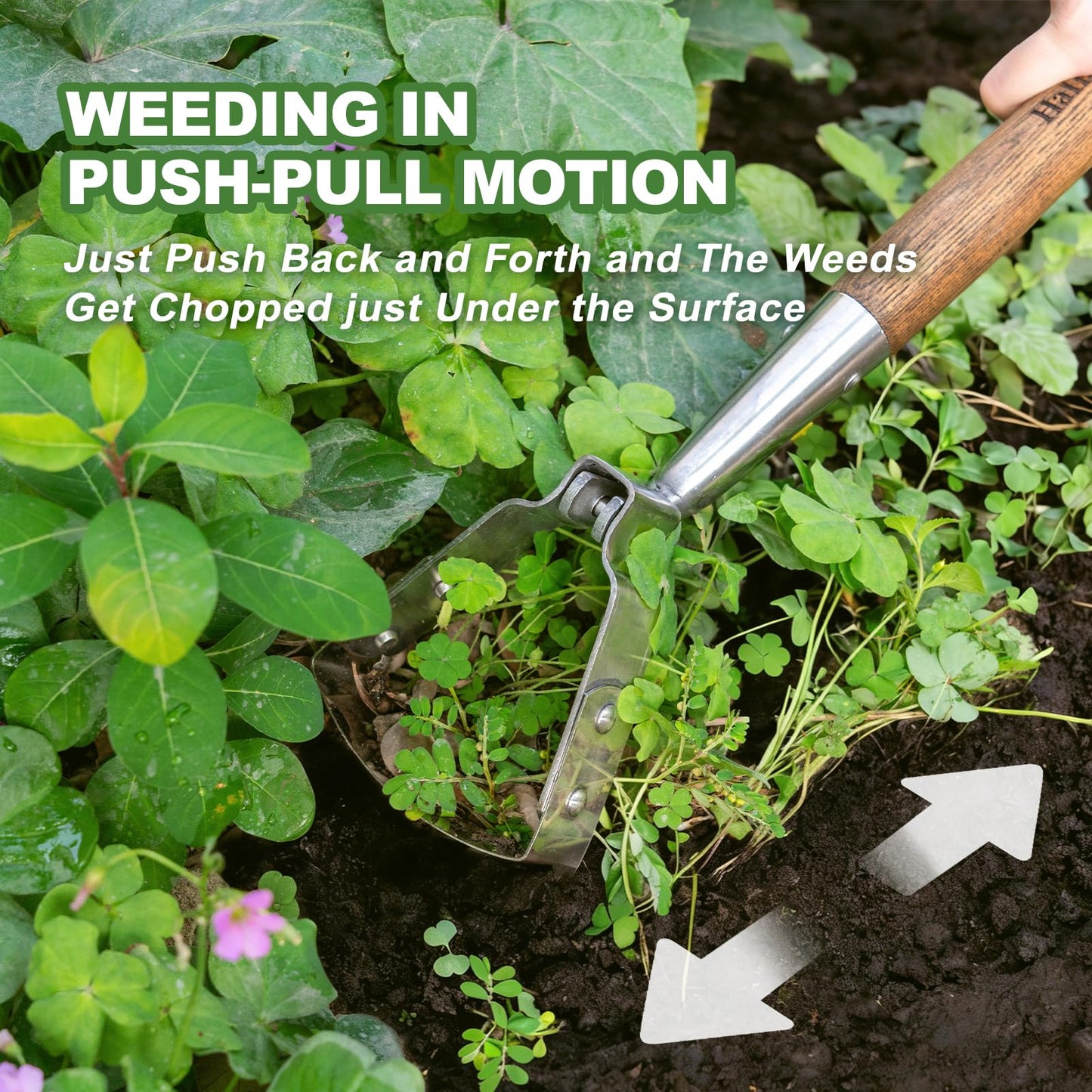 Haliaeetus Scuffle Hoe, 16.8'' Stirrup Hoe for Weeding Precisely in Raised Bed, Stainless Steel Action Hoe for Weeding in Push-Pull Motion, Hula Hoe with Compact Size for Weeding in Between Plants