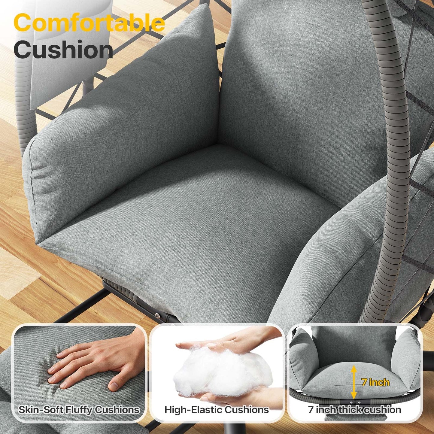 Suteck Hanging Egg Chair with Adjustable Footrest & Stand, Indoor Outdoor Wicker Egg Swing Chair with Cushion, 330lbs Capacity for Patio, Bedroom, Garden - Grey