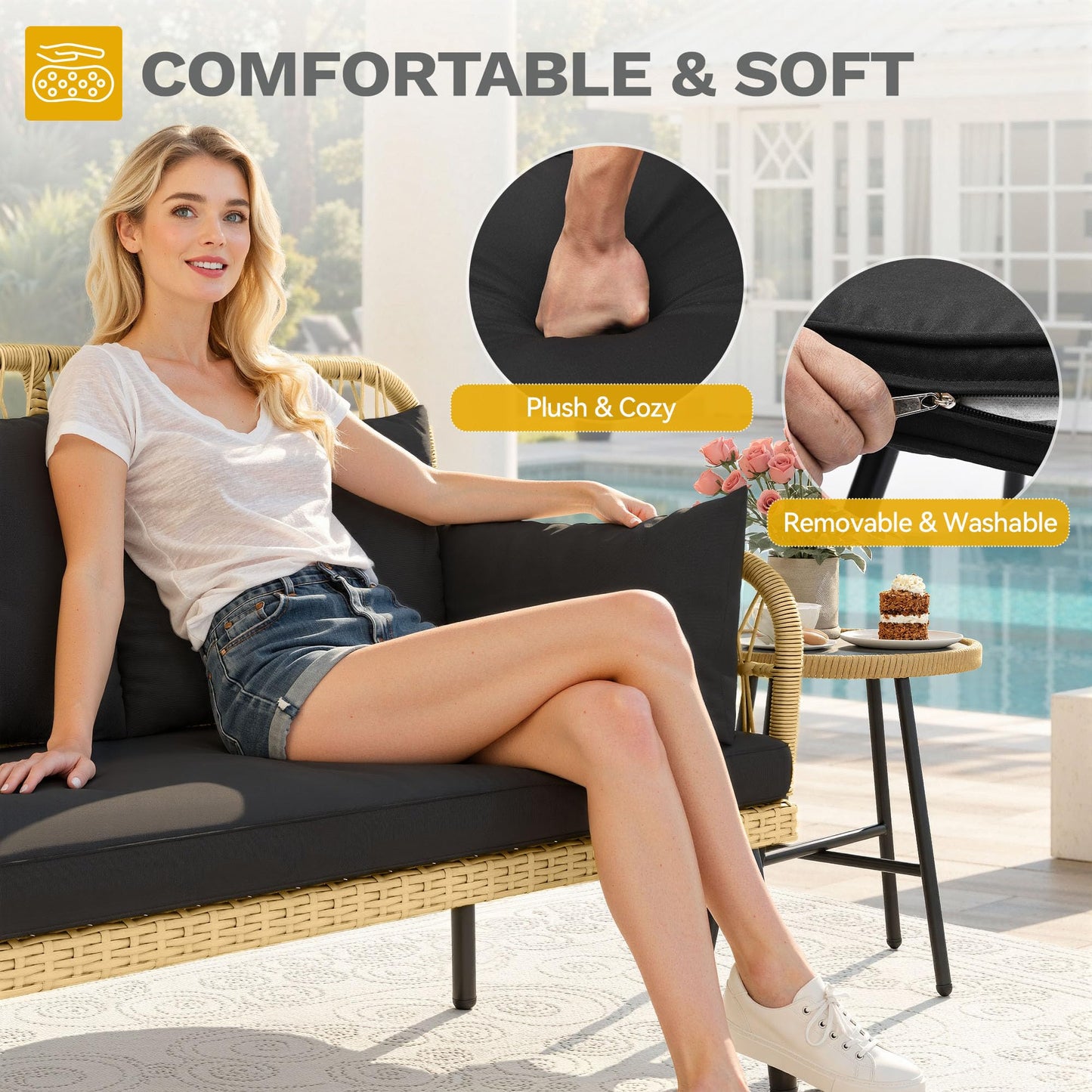 DWVO Outdoor Loveseat, Patio Wicker Furniture Set with Cushion & Adjustable Feet, Patio Couch for Garden, Balcony, and Porch, Black