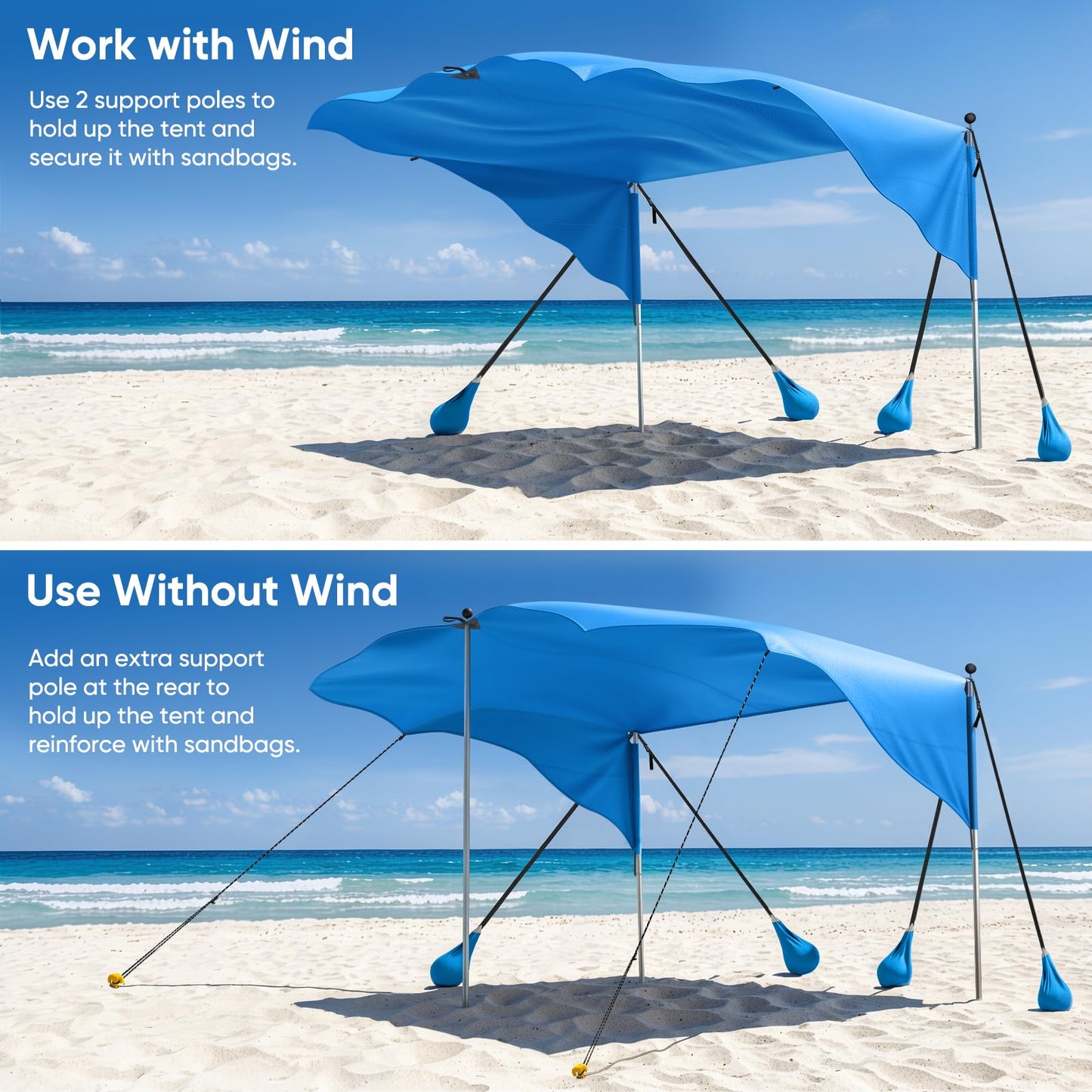 MoKo Beach Shade Canopy, 100 Sq.Ft. Wind-Supported Sunshade Sail for 4-6 People, Lightweight Easy Setup Beach Tent with UPF 50+ Sun Protection for Family Travel Coastal Trips