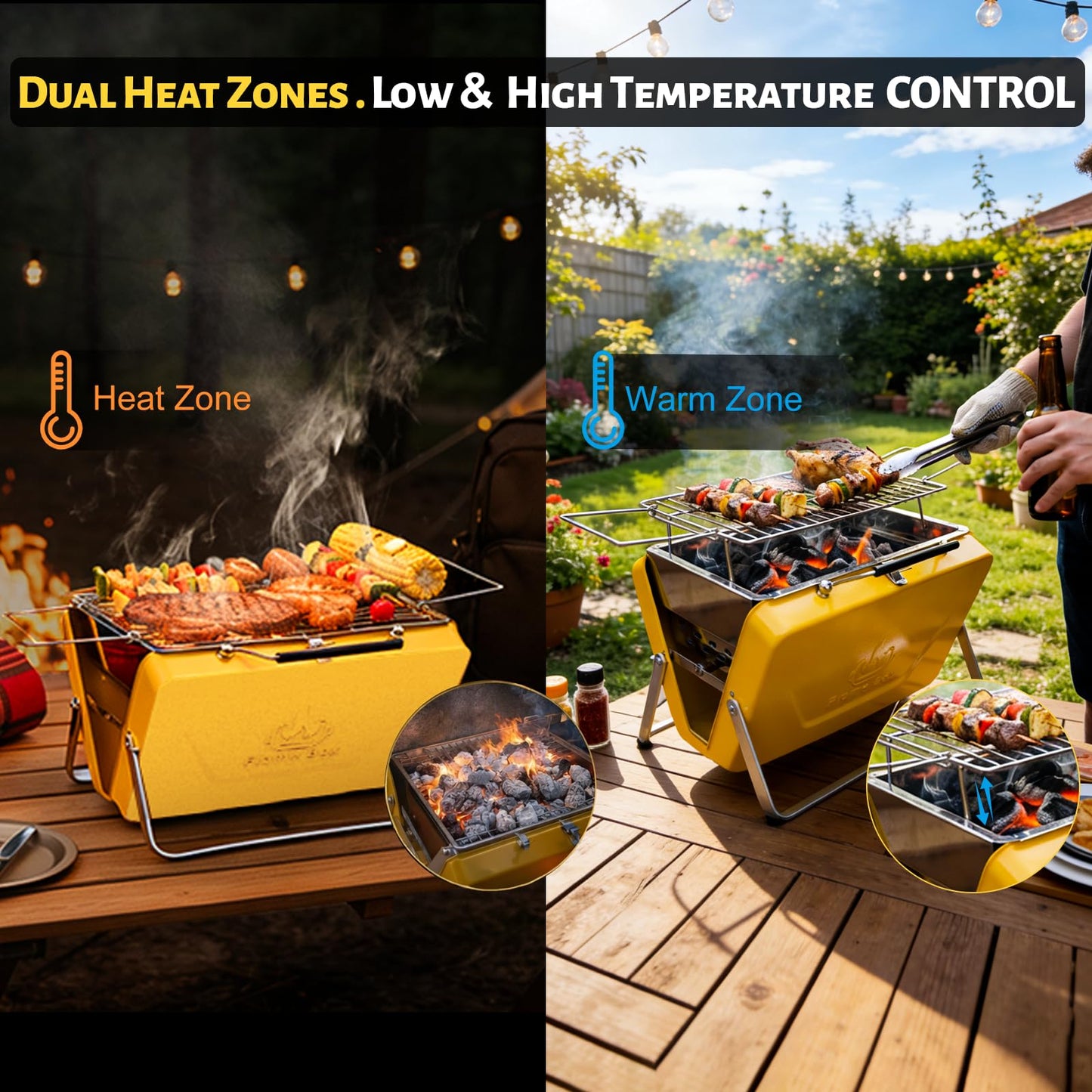 Ranger Portable Charcoal Grill – Compact Lunchbox‑Style Folding BBQ for Camping & Beach| Dual‑Zone Heating, Stainless Steel Body, 3-sec Setup, Includes Tong & Cleaning Brush, Serve 2-3 people