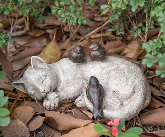LC LCdecohome Sleeping Cat Garden Statues Outdoor - 12" Sparrows On Cat Figurine Memorial Statue Grave Markers Garden Resin Statues for Outdoor Decor Outdoor Statue Resin 12" x 8" x 4.5"