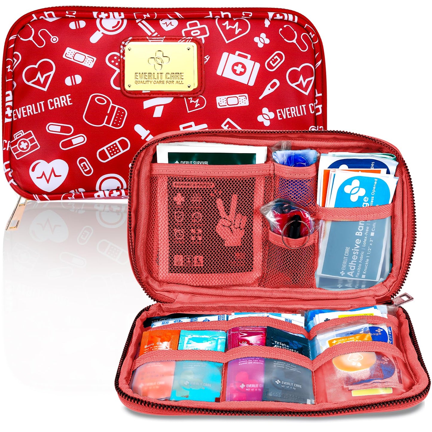 EVERLIT CARE Car First Aid Kit with Emergency Supplies Survival Gear Including Window Breaker Disposable Urine Bag Mountable Survival Kit for Family Travel in Car (RedMed)