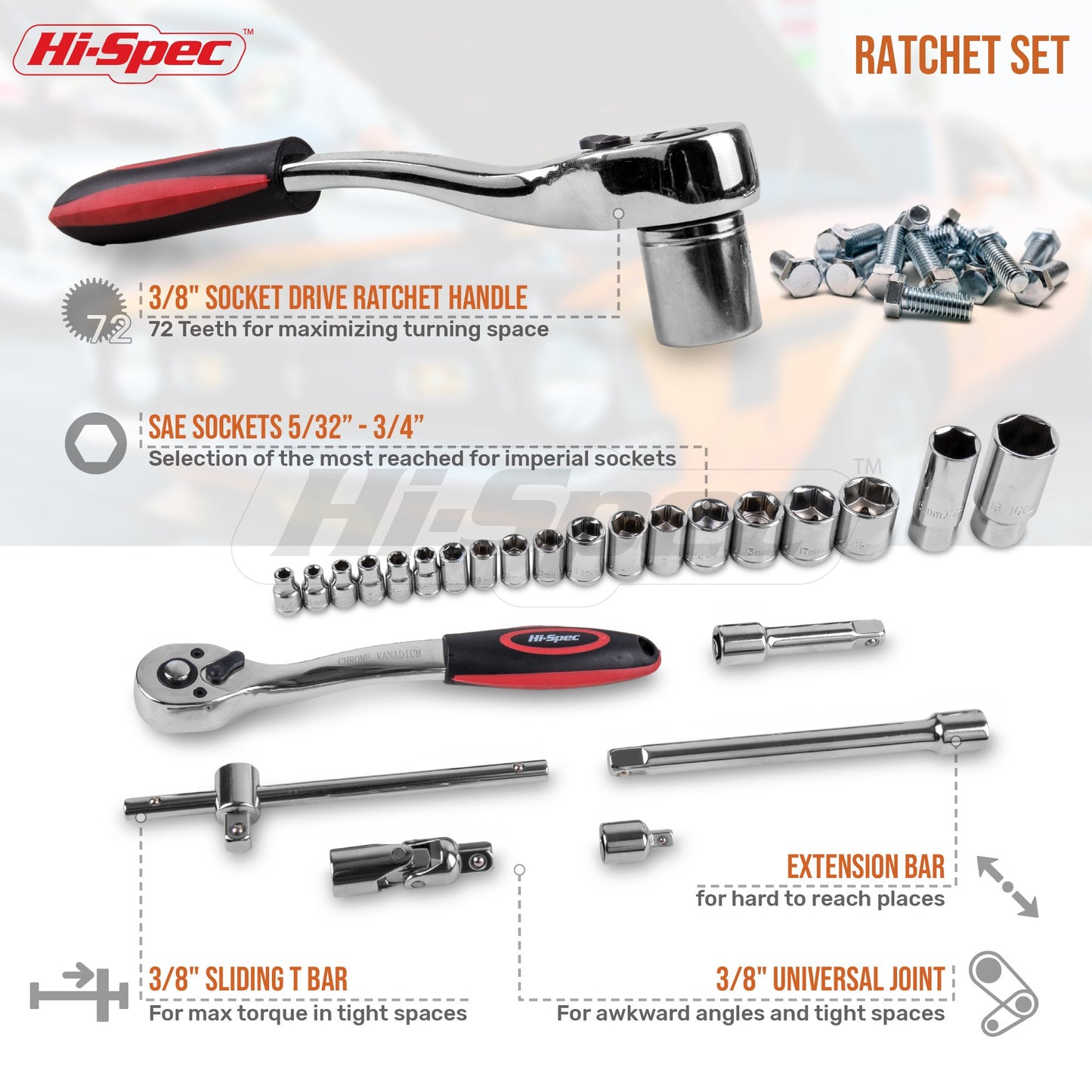 Hi-Spec Tools 67pc SAE Auto Mechanics Hand Tool Kit Set. Complete Car, Motorcycle, Engine & Garage Repairs with Sockets, Ratchet Wrench, Pliers & More