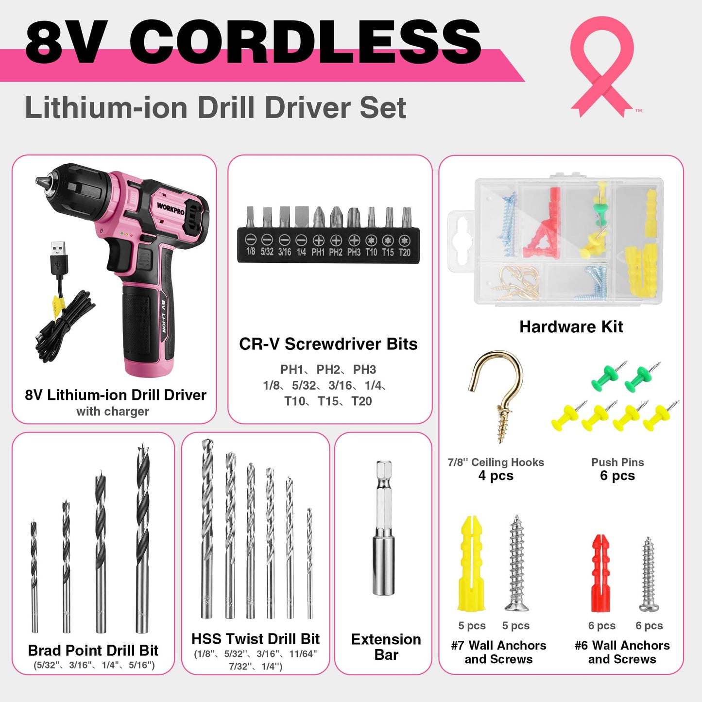 WORKPRO Pink Cordless Drill Set, 8V Impact Drill Driver with 53pcs Bit Set, 2.0Ah Electric Power Drill Kit with 3/8" Keyless Chuck and Variable Speed Trigger, Portable for DIY- Pink Ribbon