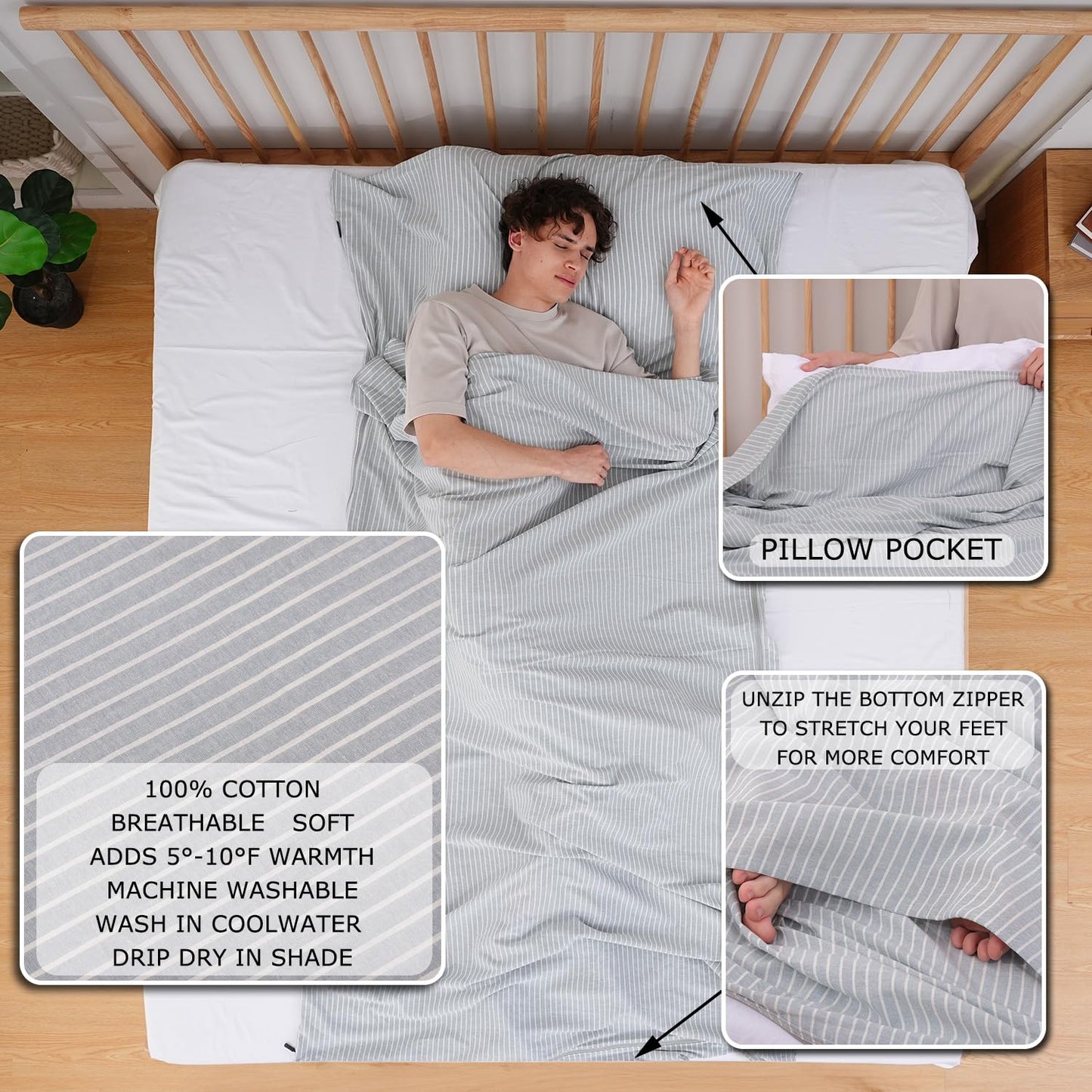 Exermil 100% Cotton Sleeping Bag Liner with Full Length Zipper on 3 Sides; Single/Double Adult Sleep Sack for Travel & Camping, Multifunctional Travel Sheets (Unzipped 87”x87”) for Hotel, Lightweight