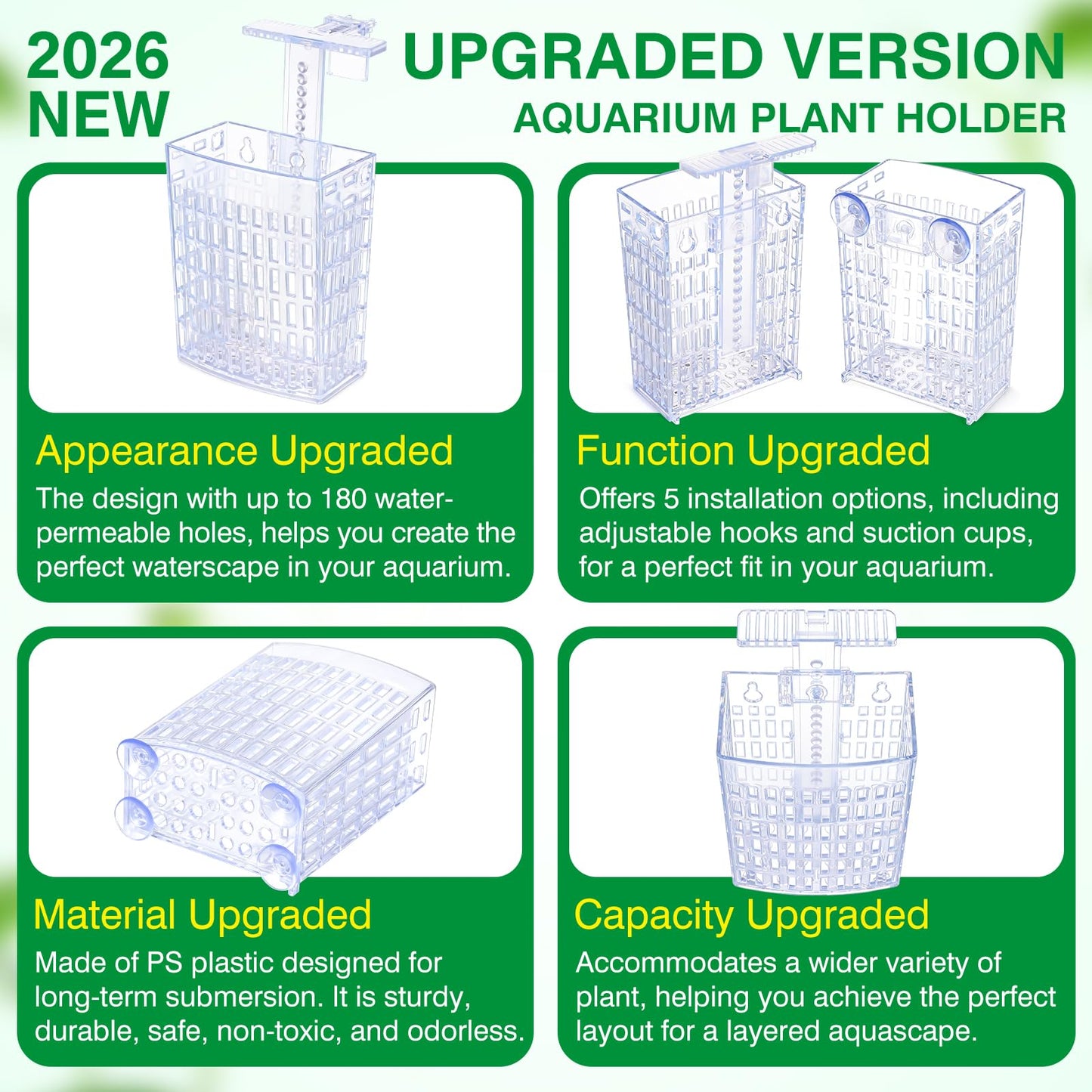 2026 Latest Upgraded Aquarium Plant Holder Adjustable Height with Extendable Hook and Suction Cup for Fish Tank Aquaponic Plant Cultivation and Aquascape Accessories Decorations (4 Pack) Transparent
