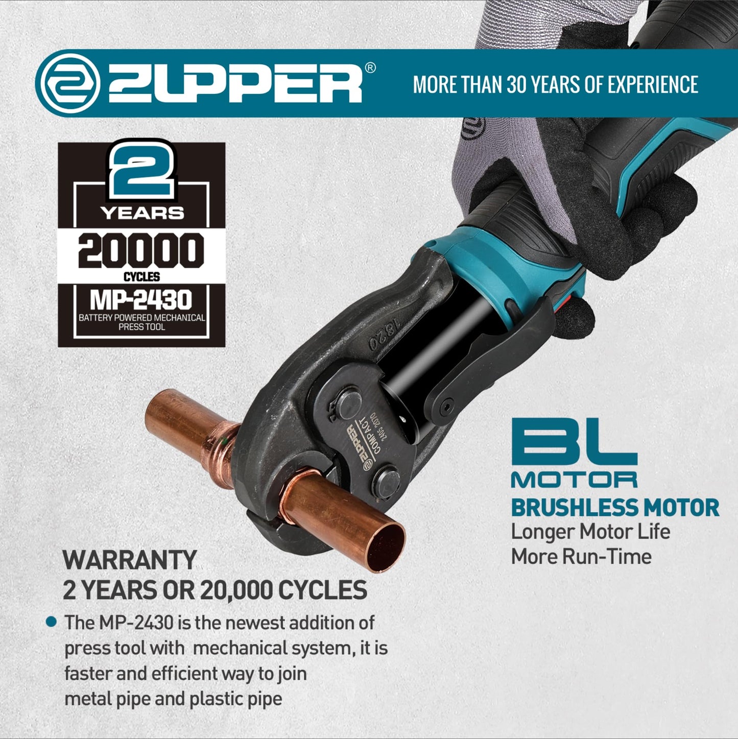 ZUPPER Press Tool, 18V Electric Pipe Crimping Tool for 1/2", 3/4", 1" Copper Pipes, Compact Press Tool Kit Suitable for Copper ProPress fittings - with Brushless Motor, 3 VUS Press Jaws, 2pcs Battery