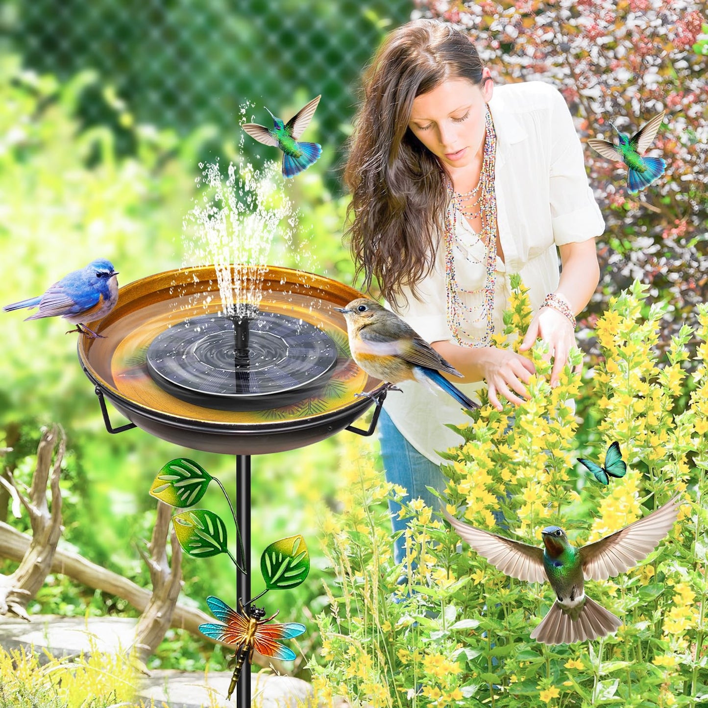 35.4In Metal Bird Bath for Outside, Freestanding Garden Birdbaths & Birdfeeder with Upgraded 5 Prongs Base, Bird Baths Feeder Water Bowl for Outdoors Patio Yard Lawn Art Decor (Yellow+Red)