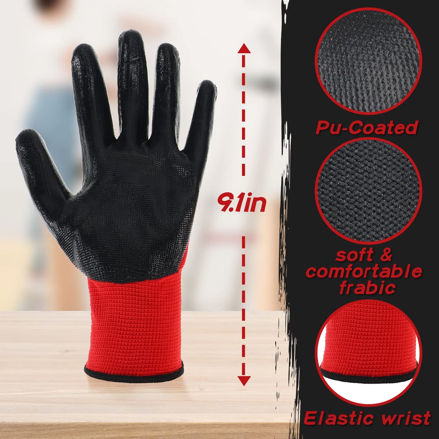 Potchen 36 Pairs Work Gloves for Men Safety Work Bulk Gardening Construction Gloves with Grip Nitrile Coated for Women(Red and Black)