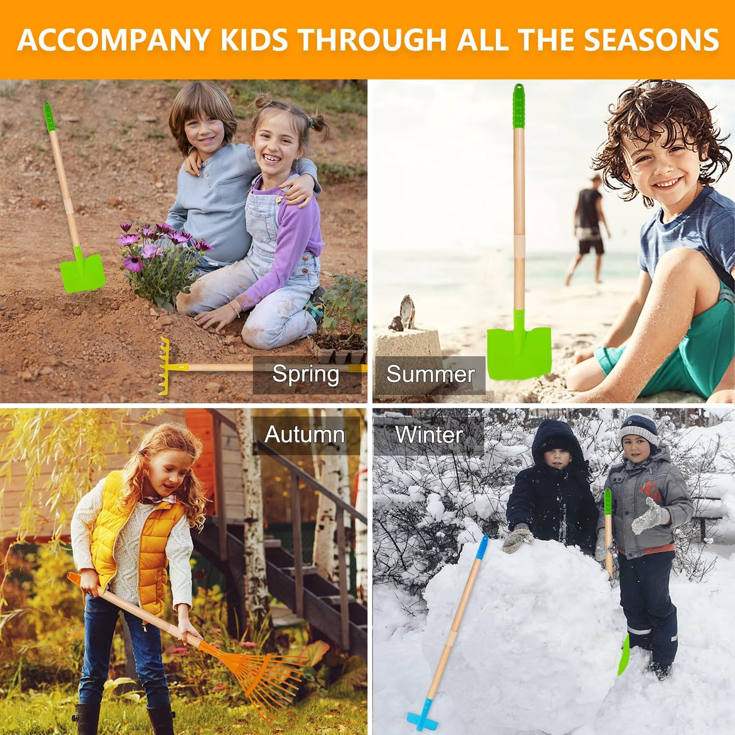 POMIKU Kids Shovel, Rake for Leaves, Spade, Hoe and Broom, 5Pcs Kids Garden Tools, Gardening Yard Outdoor Toy Gifts for Boys Girls Age 3 4 5 6 7 8 Years Old