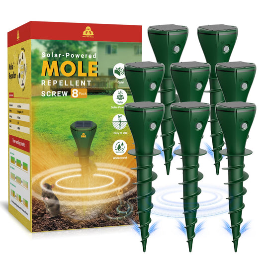 Solar Powered Mole Repellent for Lawns, 8 Packs Ultrasonic Vole Repeller Outdoor, IP 65 Waterproof Outdoor Ultrasonic Mole Deterrent Get Rid of Gopher Vole Skunk Groundhog Snake in Garden Yard Lawn