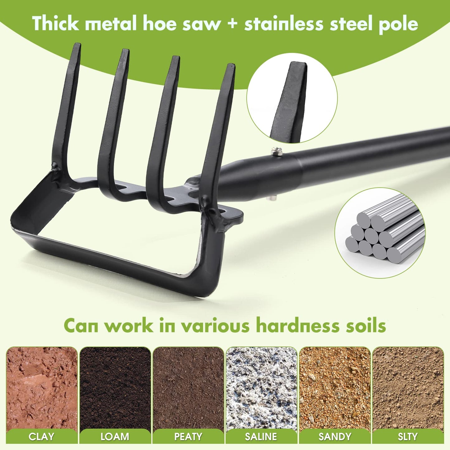 Garden Hoe, 4 Tines Hand Weeding Hoe Garden Tool and Cultivator Long Handle 62", Action Stirrup Scuffle Field Digging Hoe Heavy Duty for Lawn Gardening Weed