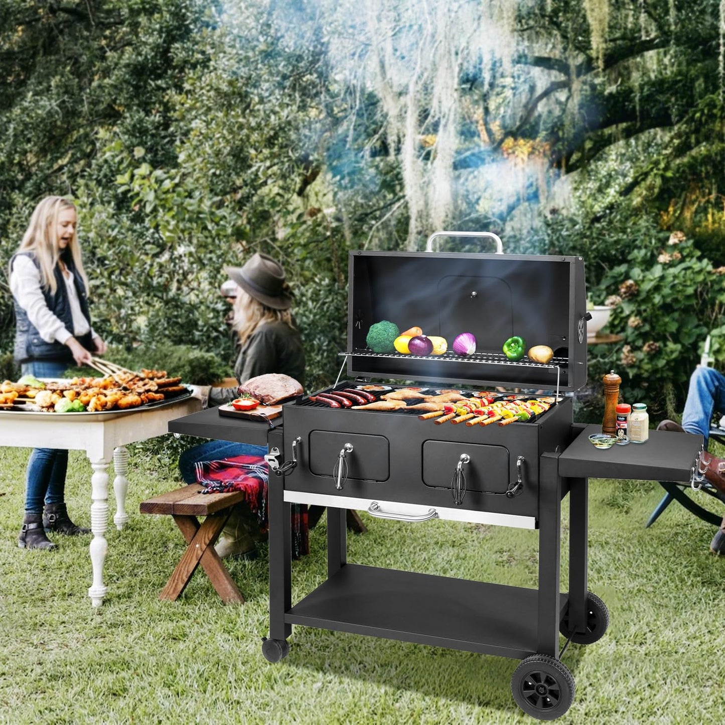 Charcoal Grill Outdoor BBQ Grill, Extra Large Cooking Area 794 Square Inches with Two Individual & Adjustable Charcoal Tray, Foldable Side Tables for Outdoor Cooking Backyard Camping Picnics By DNKMOR