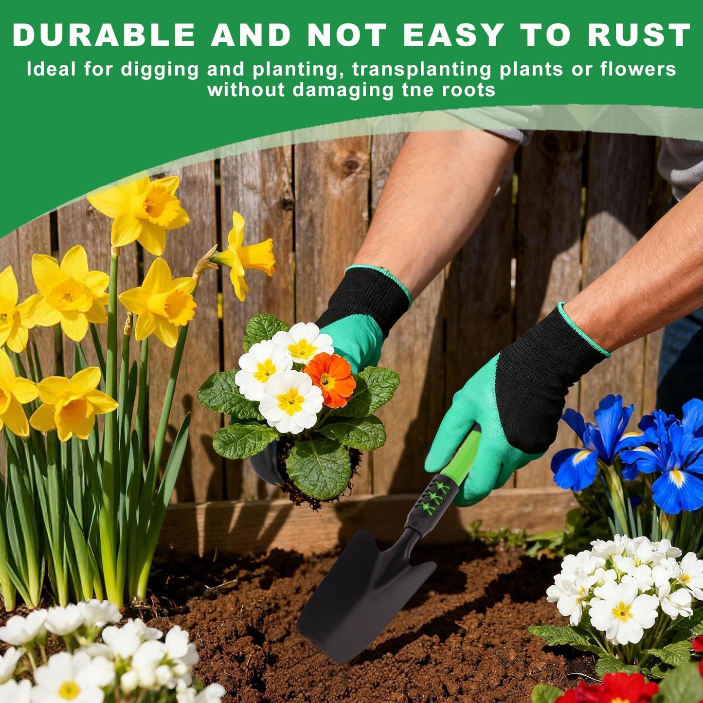 Zenrok Garden Tool Set, 3 Pack Lightweight Heavy Gardening Kit Including Hand Shovel, Transplant Shovel and Hand Rake with Soft Rubber Non-Slip Handle, for Planting Weeding Digging, Green ﻿