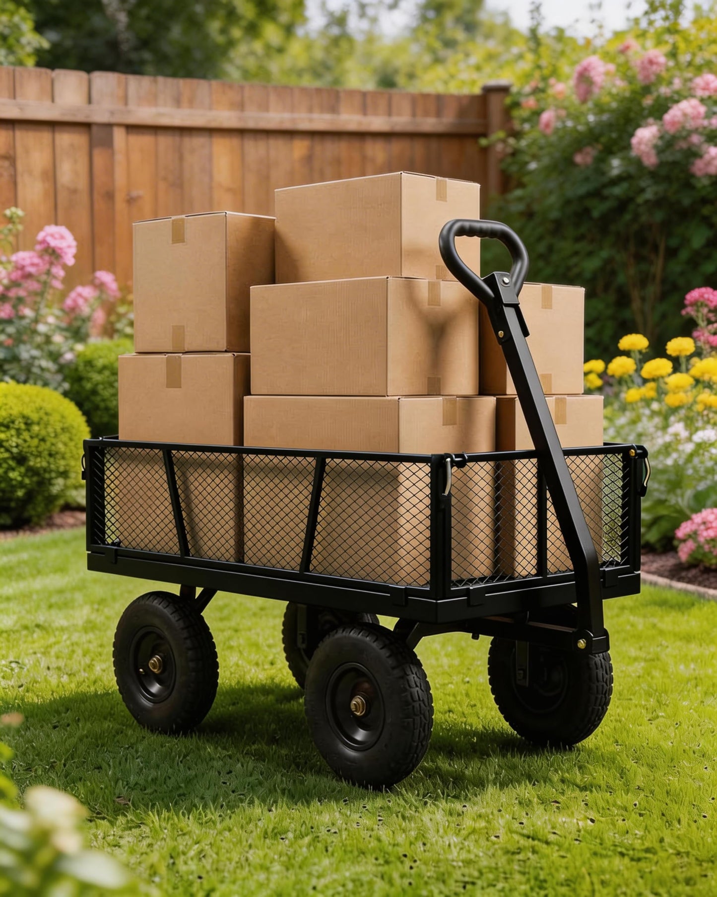 GarveeTech 800LBS Heavy Duty Steel Garden Cart, Garden Wagon Cart on Wheels, Metal Yard Utility Wagon with Removable Mesh Sides, 10" All Terrain Tires, 180° Rotating Handle for Lawn, Garden, Farm