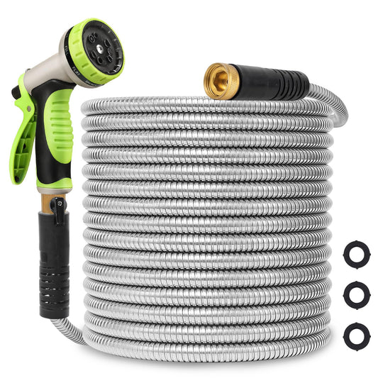 Svansea Metal Garden Hose 100ft Stainless Steel Hose Heavy Duty Flexible Water Hose with 10 Way Spray Nozzle 3/4 Solid Brass Fittings-Outdoor Yard Lightweight No Kink Leak Resistant Water Pipe