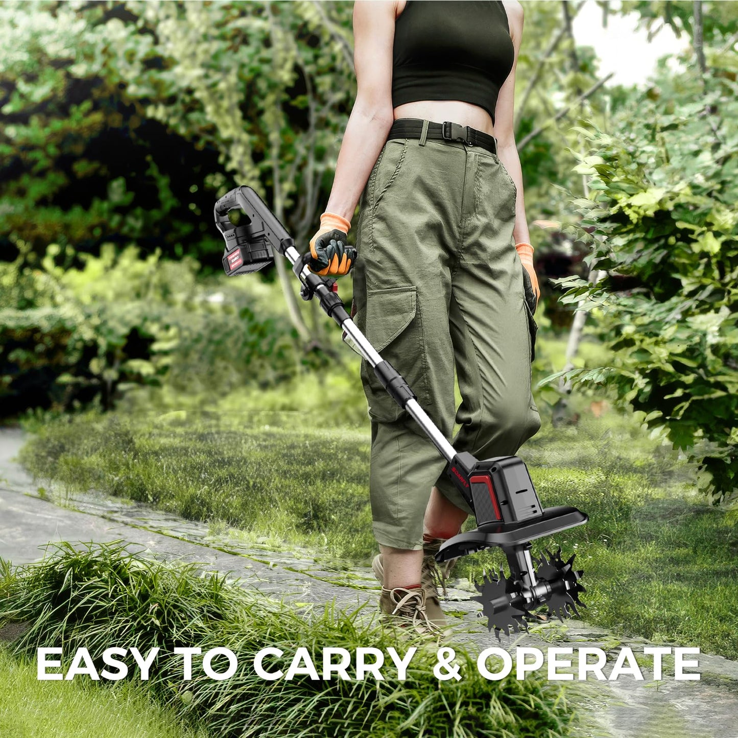 SOARFLY Upgraded Cordless Electric Tiller for Gardening, Total 8.0Ah Battery Powered Mini Cultivator with 2×4.0AH Batteries, 9" Width, 6.6" Depth, 48 Steel Tines Rototiller for Soil Cultivation