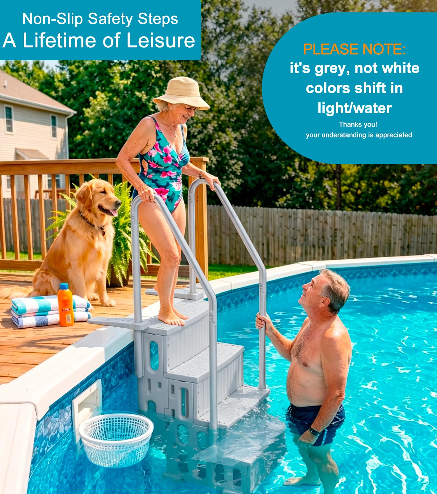ROMIVO Pool Steps for Above Ground & Inground Pool, 4-Step Heavy Duty Pool Ladder with Double Handrails, 500 LBS Capacity, Anti-Slip Pool Stairs for 48"– 56" Pools, Easy Assembly with Video Guide Grey