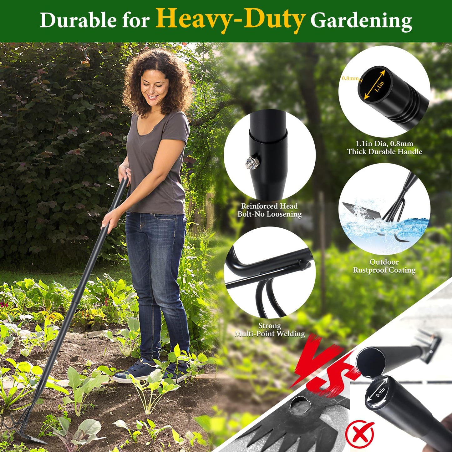 Garden Hoe - Heavy Duty 2 in 1 Hoe Garden Tool with Cultivator Claw Rake,75 Inch Long Handle Hoes for Weeding,Loosening Soil,Hand Weeder Tools for Indoor Outdoor Gardening,Planting,Cultivating,Digging