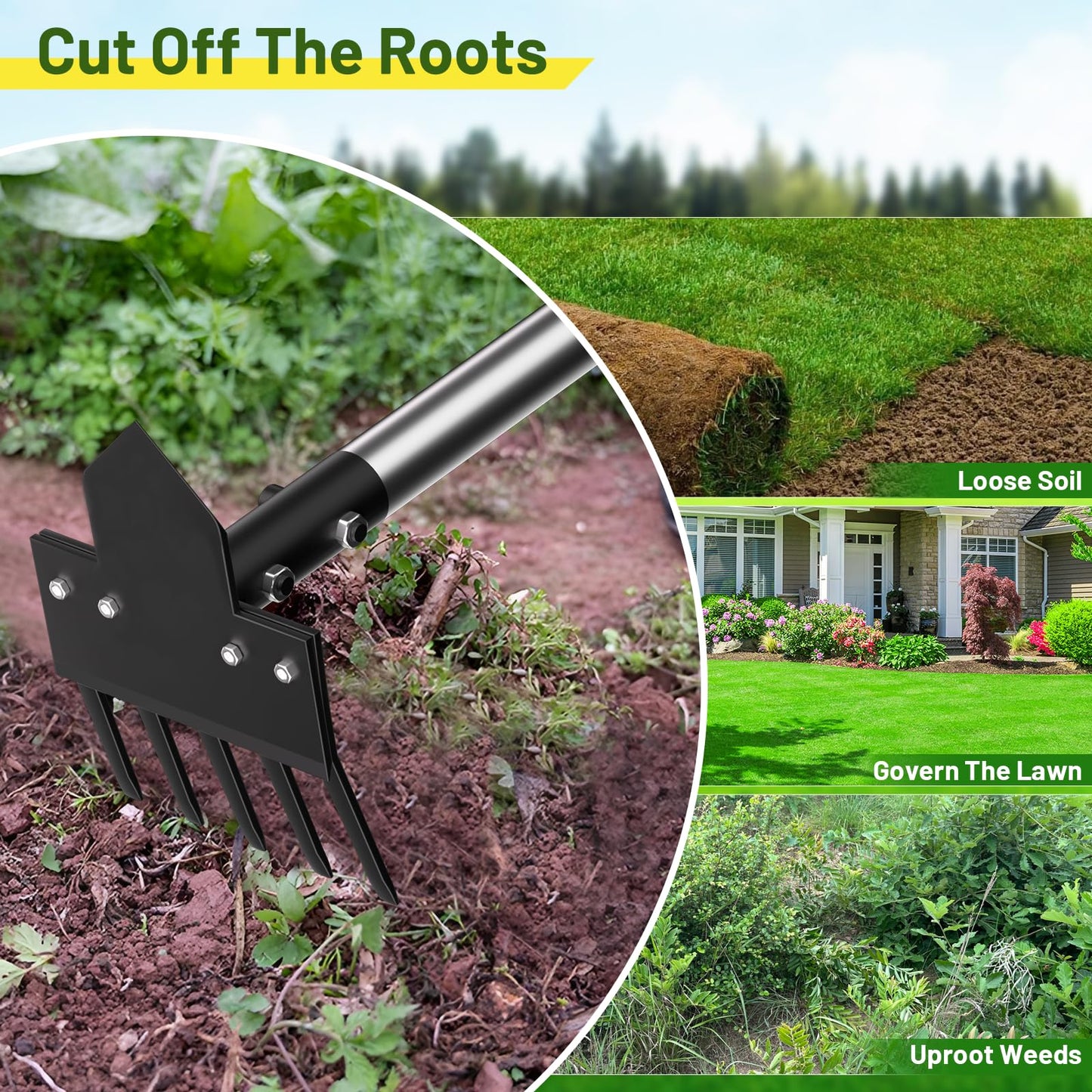 Ukiupop 2-in-1 Heavy-Duty Weed Puller Tool with 5-Tine Rake – 30" to 60" Adjustable Handle, Hoes for Gardening, Hoe Garden Tools for Loosening Soil, Planting, Weeding