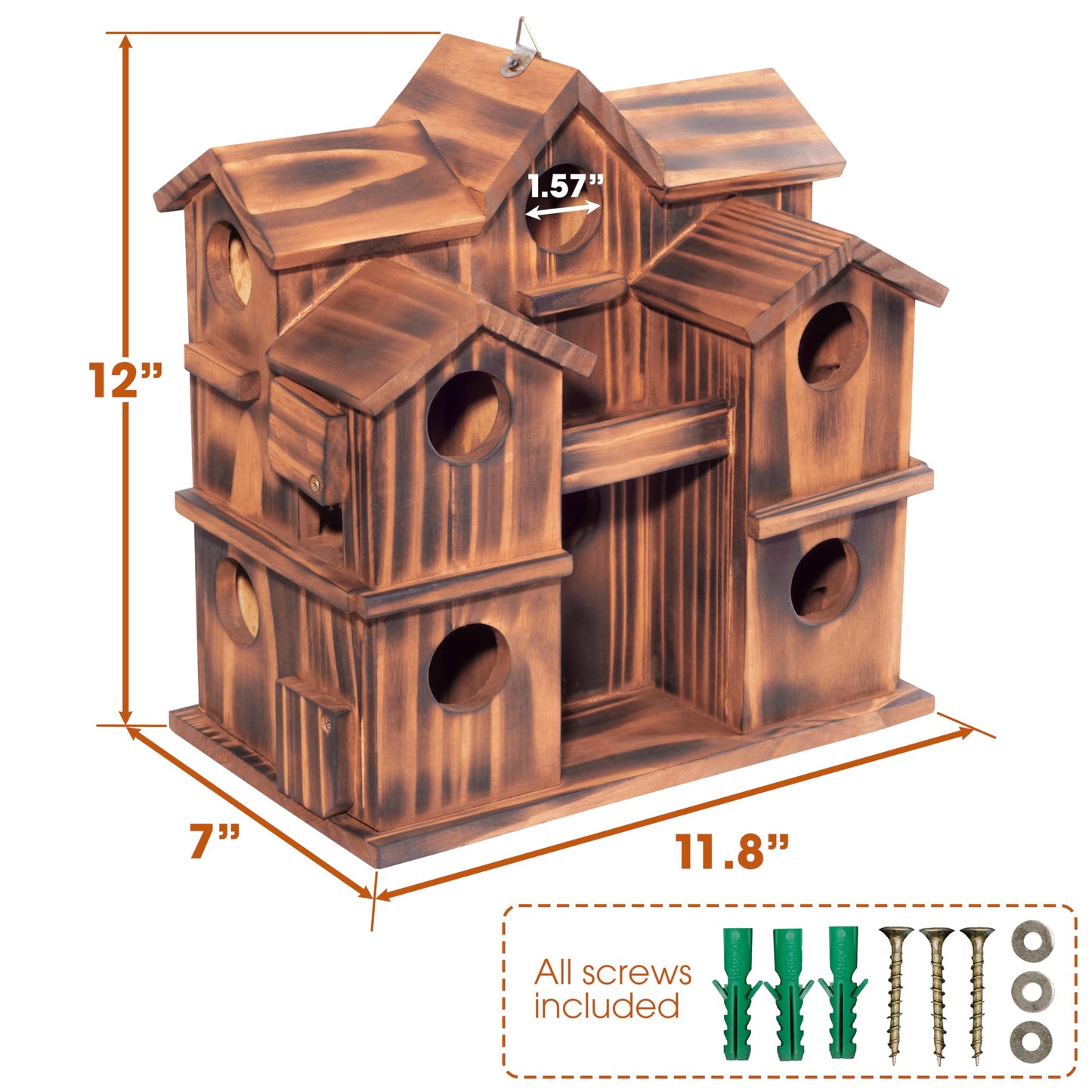 MIXUMON Wooden Bird Houses for Outside – 10 Rooms Multi-Chamber Bird House, Carbonized Pine Rustic Finish, 1.57" Entrance Holes, Individual Cleaning Doors, Decorative Outdoor Bird Nesting Box
