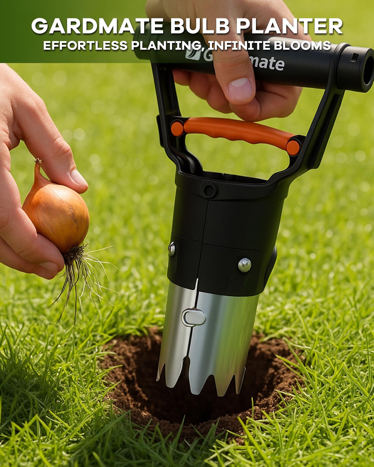 gardmate Bulb Planter Tool - One-Touch Automatic Bulb Planter for Bulbs, Seeds & Seedlings - Stainless Steel Garden Bulbs Dibber with Ergonomic Handle - No Bend Planting Tool with Gloves & Brush