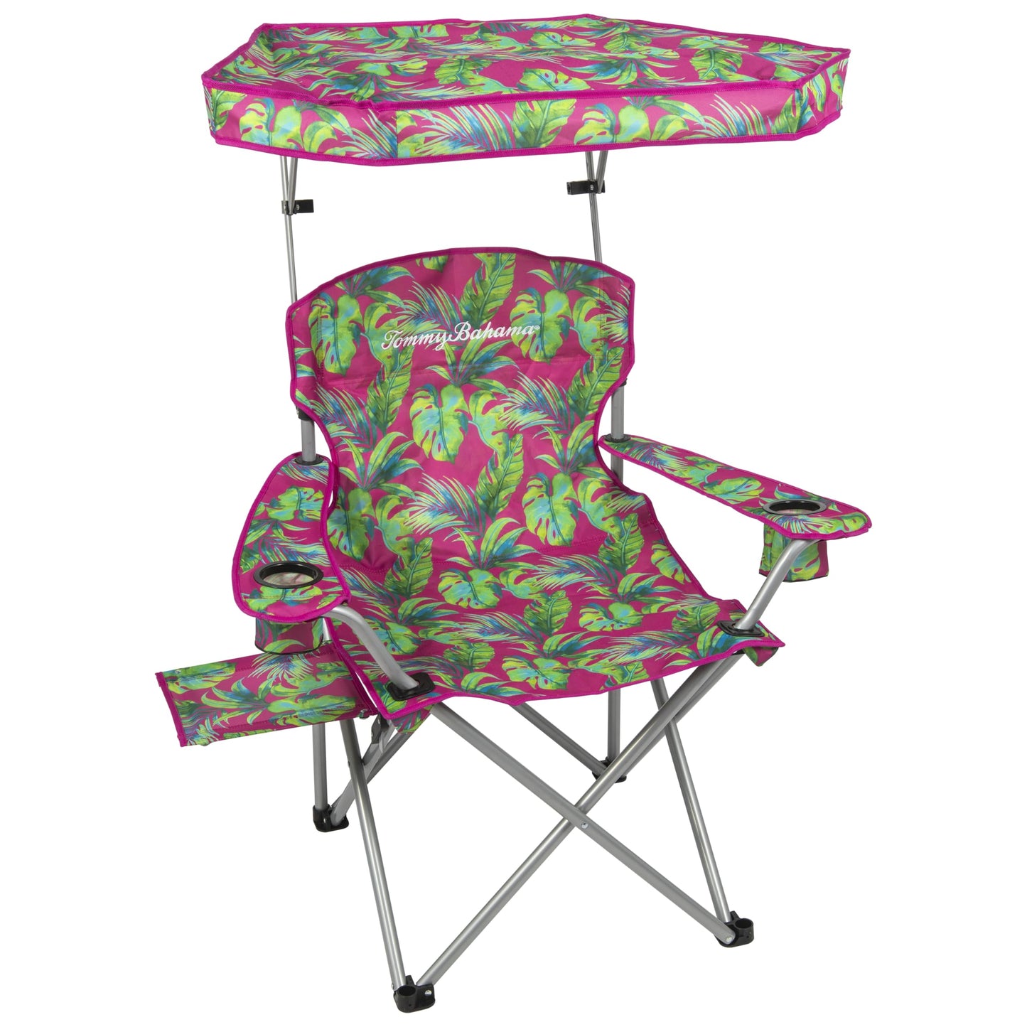 Tommy Bahama Extra-Wide Folding Beach Chair with Max Shade Canopy, Side Table, and Cup Holders, 25" W Outdoor Portable Camping Chair with Canopy, Supports up to 500 lbs., Pink/Green