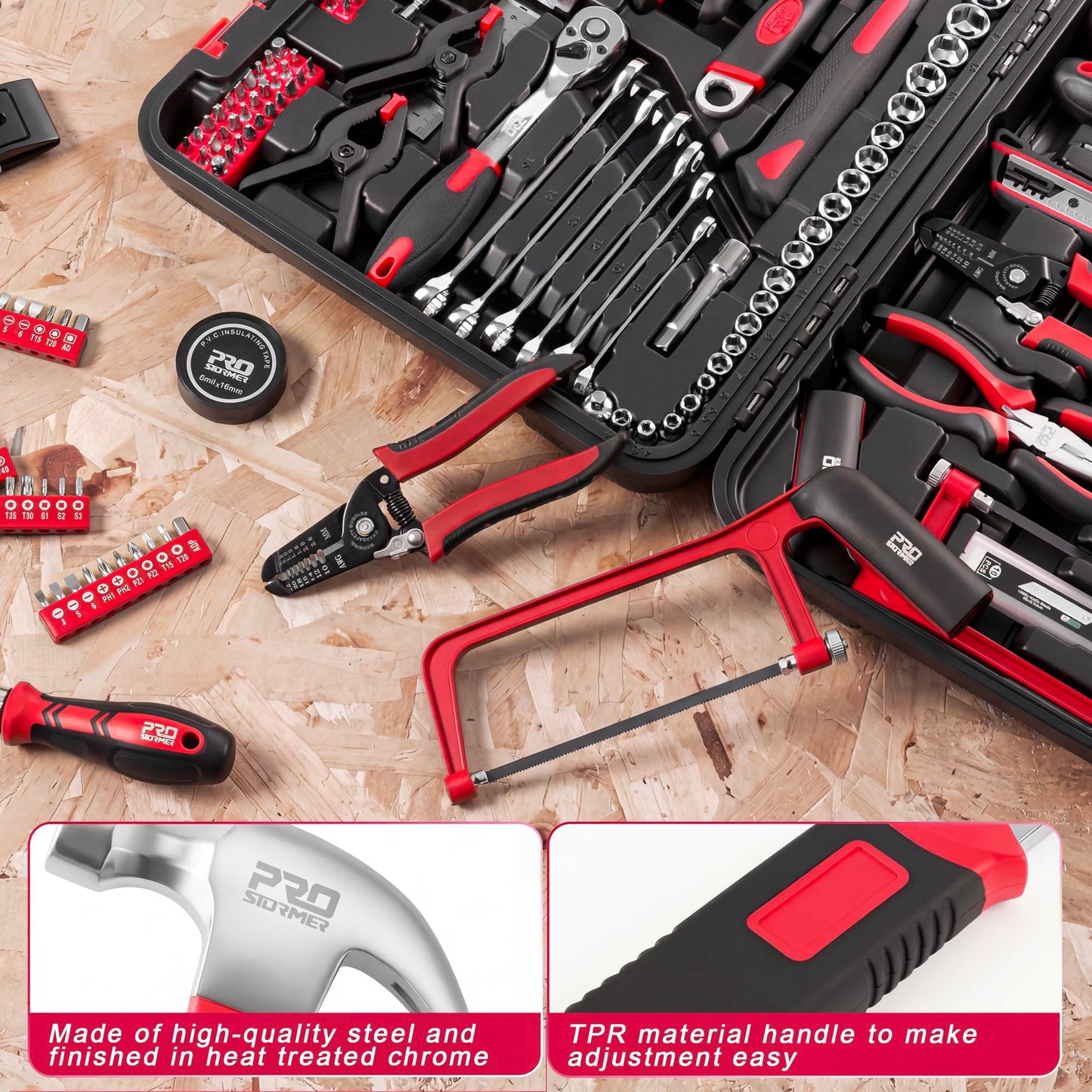 Prostormer 259-Piece Tool Kit, General Household Hand Tool Set with Plastic Storage Toolbox, Portable Complete Repair Tool Box for Home and Car (Red)