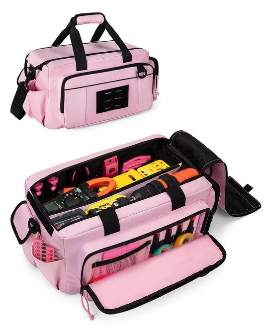 Trahzia Tactical Tool Bag for Women, 16 Inches Tool Storage Organizer Box with Wide Mouth, Large Toolbag Toolbox with Handle, Pink (Empty Bag Only)