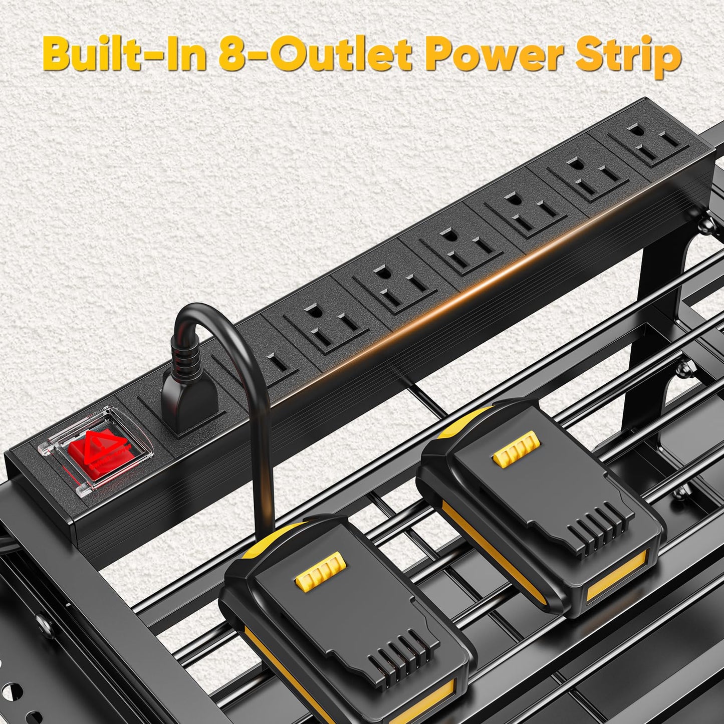 POKIPO 49.5" W Large Power Tool Organizer Wall Mount with Charging Station, 4 Tier Heavy Duty 12 Cordless Drills Holder Load 800 lb, Tool Battery Storage Rack Built in 8 Outlet Power Strip for Garage