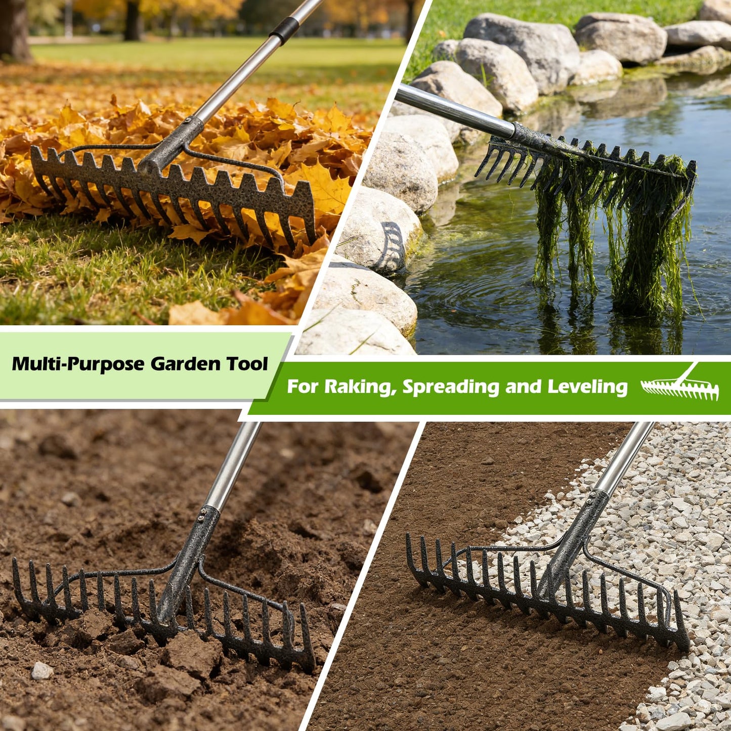 63" Bow Rake,Heavy Duty Metal Garden Rake for Moving Gravel Loosening Soil Leveling Ground Gathering Leaf Debris Spreading Mulch, 17 Tines,Adjustable Handle, for Lawn Garden Farm Landscape Work