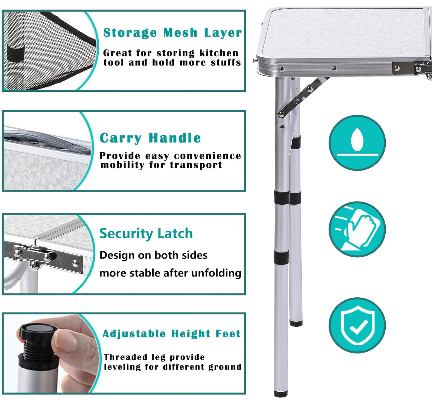 YihuiKo Folding Camping Table with Adjustable Height, 23.6" x 15.8" Portable Lightweight Tables with Aluminum Legs for Outdoor Camp, Picnic, Beach, Backyard, Tailgate Cooking, 3 Heights