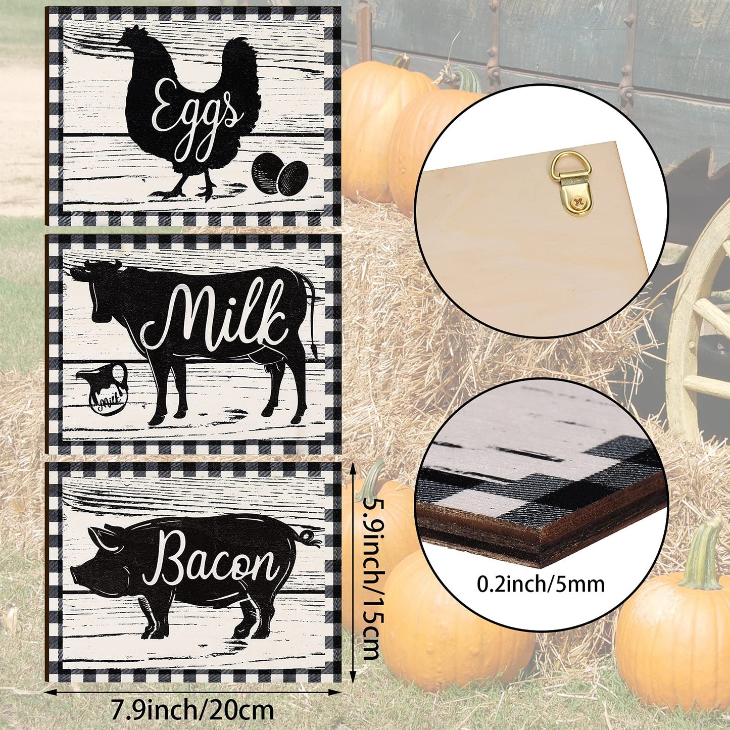 Jetec 3 Pieces Farmhouse Kitchen Decor Wooden Pig Cow chicken Signs Rustic buffalo plaid wall art farm animal Plaque for Kitchen Home Wall Decorations, 7.9 x 5.9 Inch