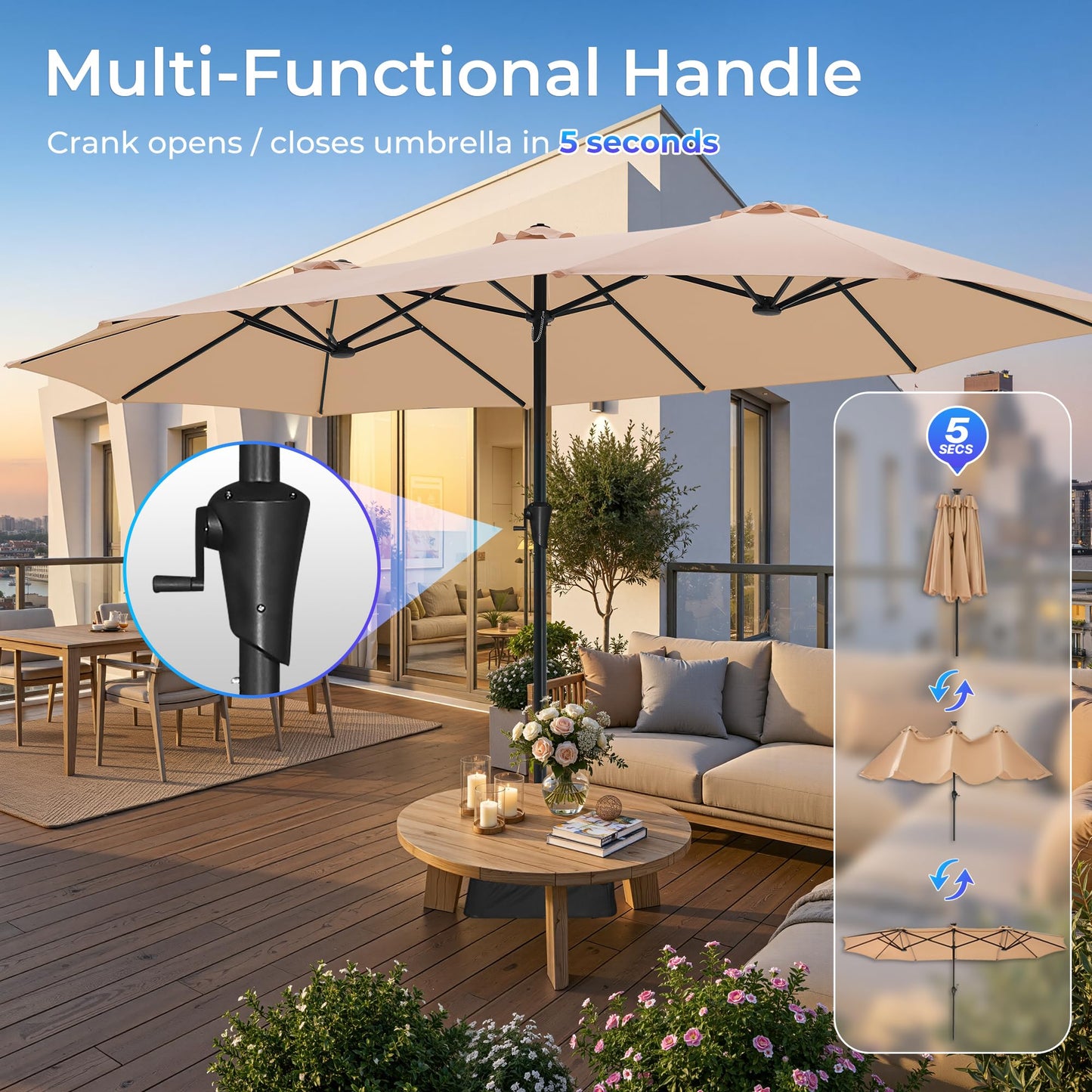 SUPERJARE 15FT Outdoor Patio Umbrella with Base Included, Double Sided Pool Umbrellas with Fade Resistant Canopy, Extra-Large Table Umbrella for Deck, Market, Backyard, Beige