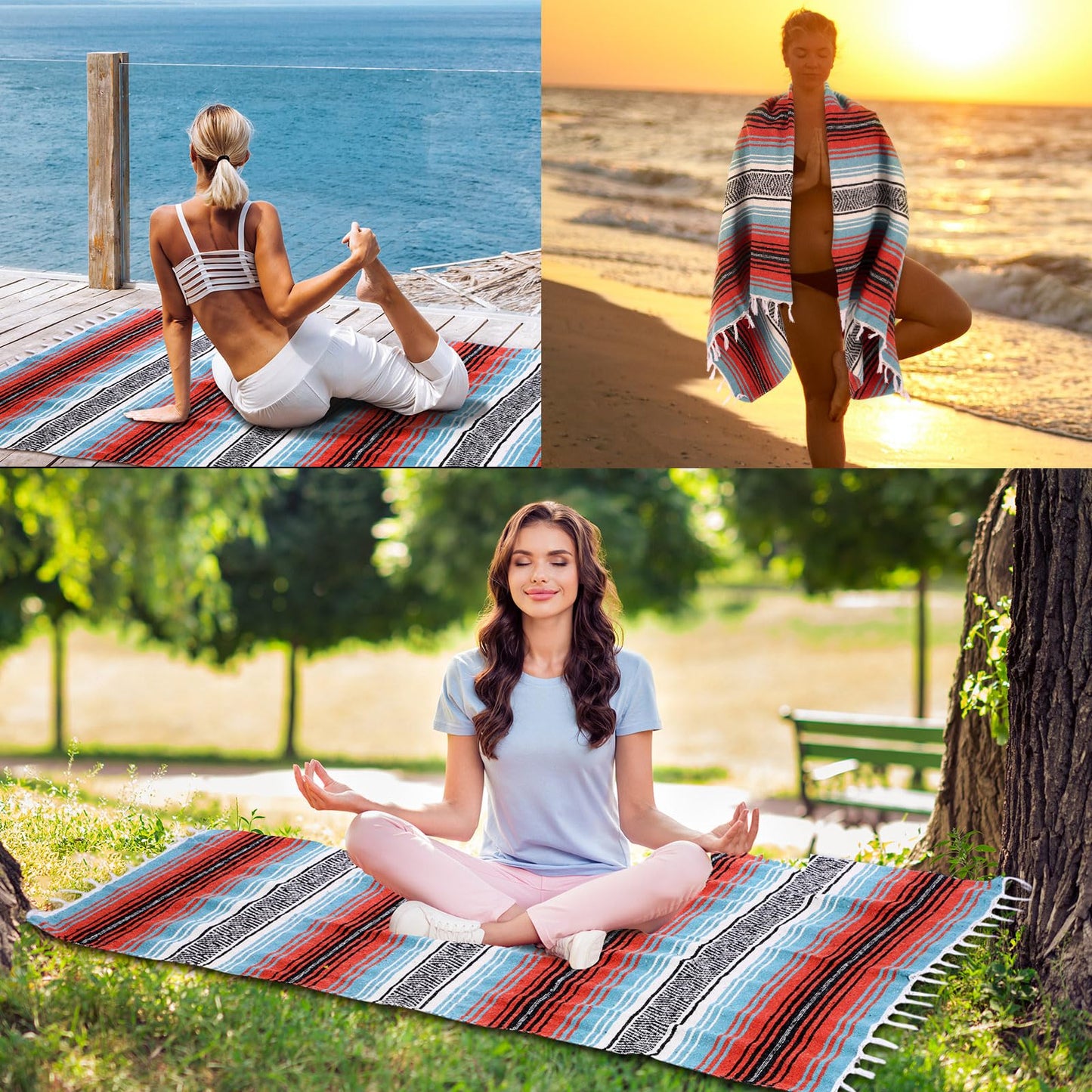 Oudain Mexican Blanket Woven Authentic Cotton Falsa Throw 45 x 70 Inch – Authentic Baja Serape Saddle Blanket Outdoor for Restorative Yoga, Beach, Picnic, Couch, Car Travel(Boho Festival)